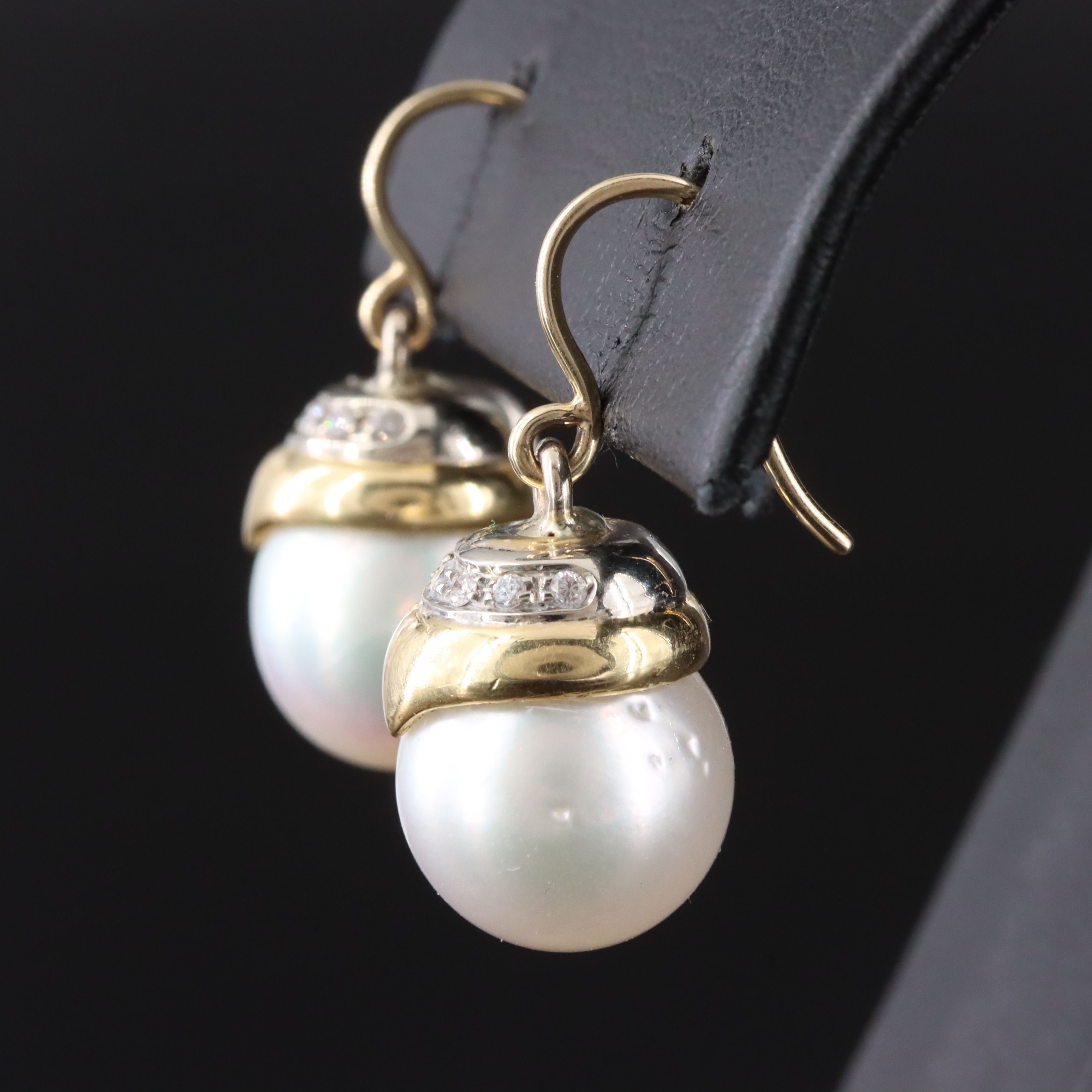 14K Two Tone Pearl and Diamond Drop Earrings