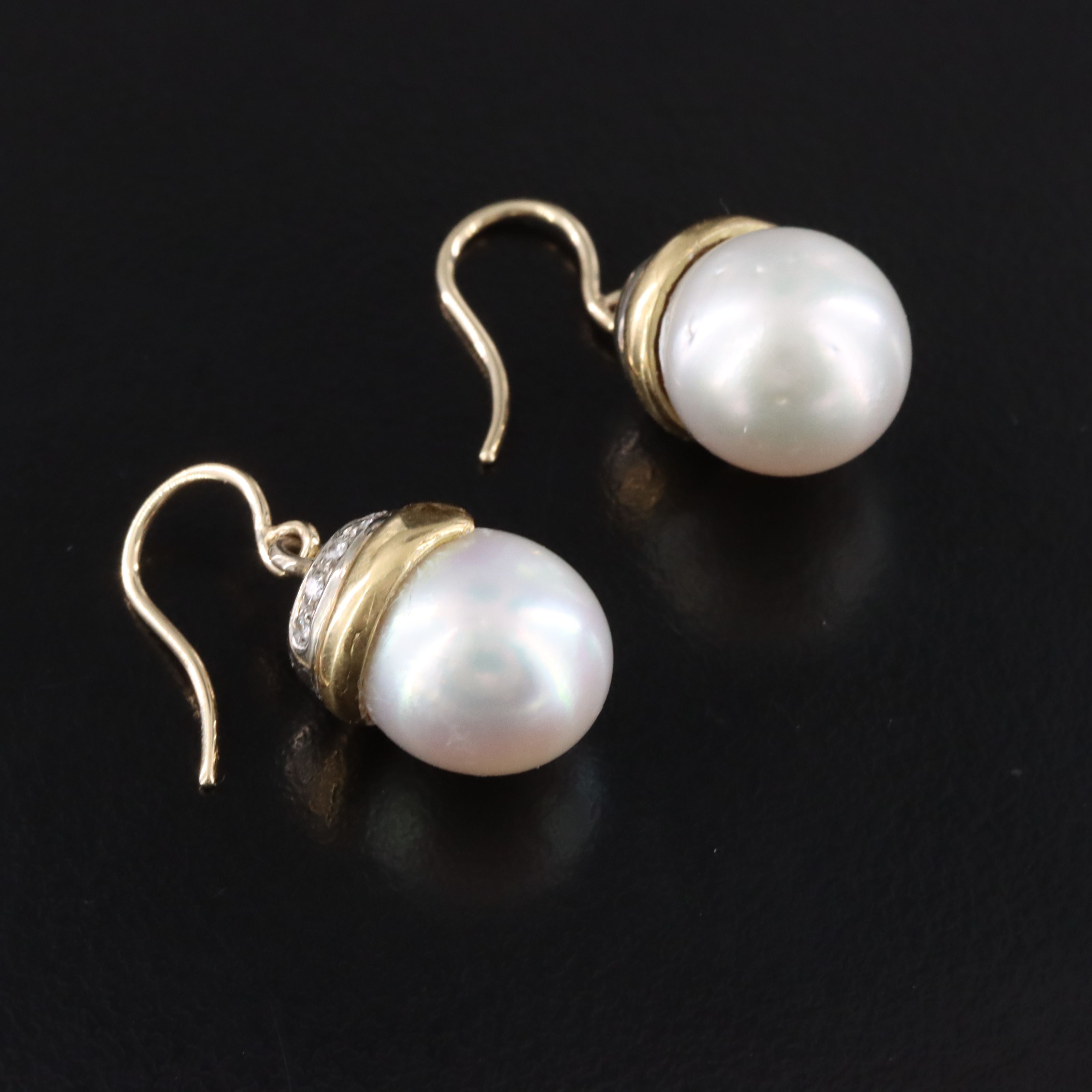14K Two Tone Pearl and Diamond Drop Earrings