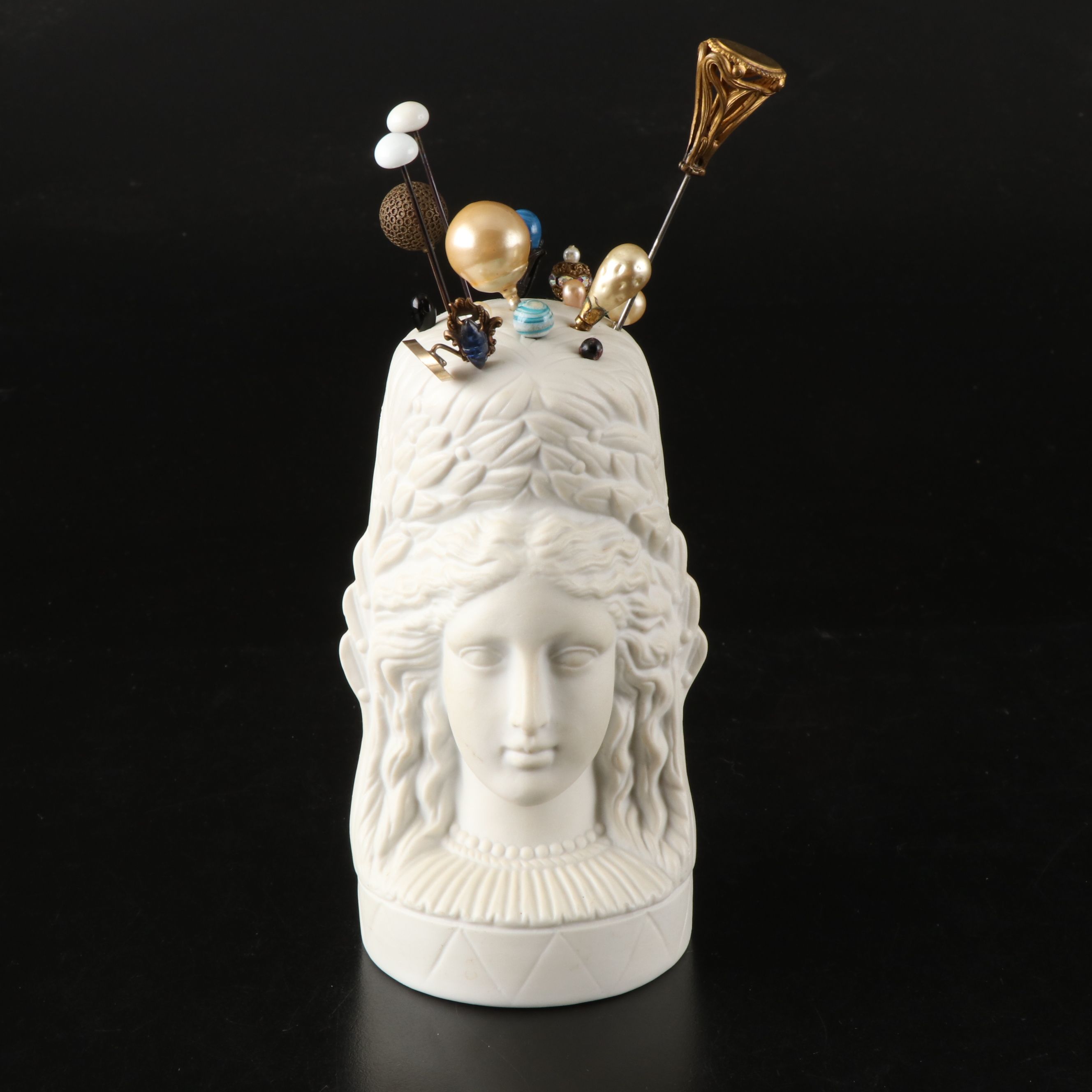 Victorian Style Lady's Head Porcelain Hat Pin Holder with Vintage Hat Pins