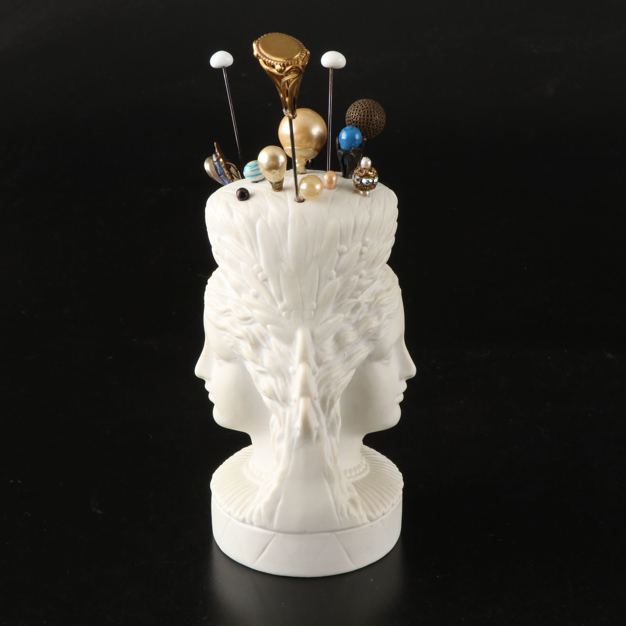 Victorian Style Lady's Head Porcelain Hat Pin Holder with Vintage Hat Pins