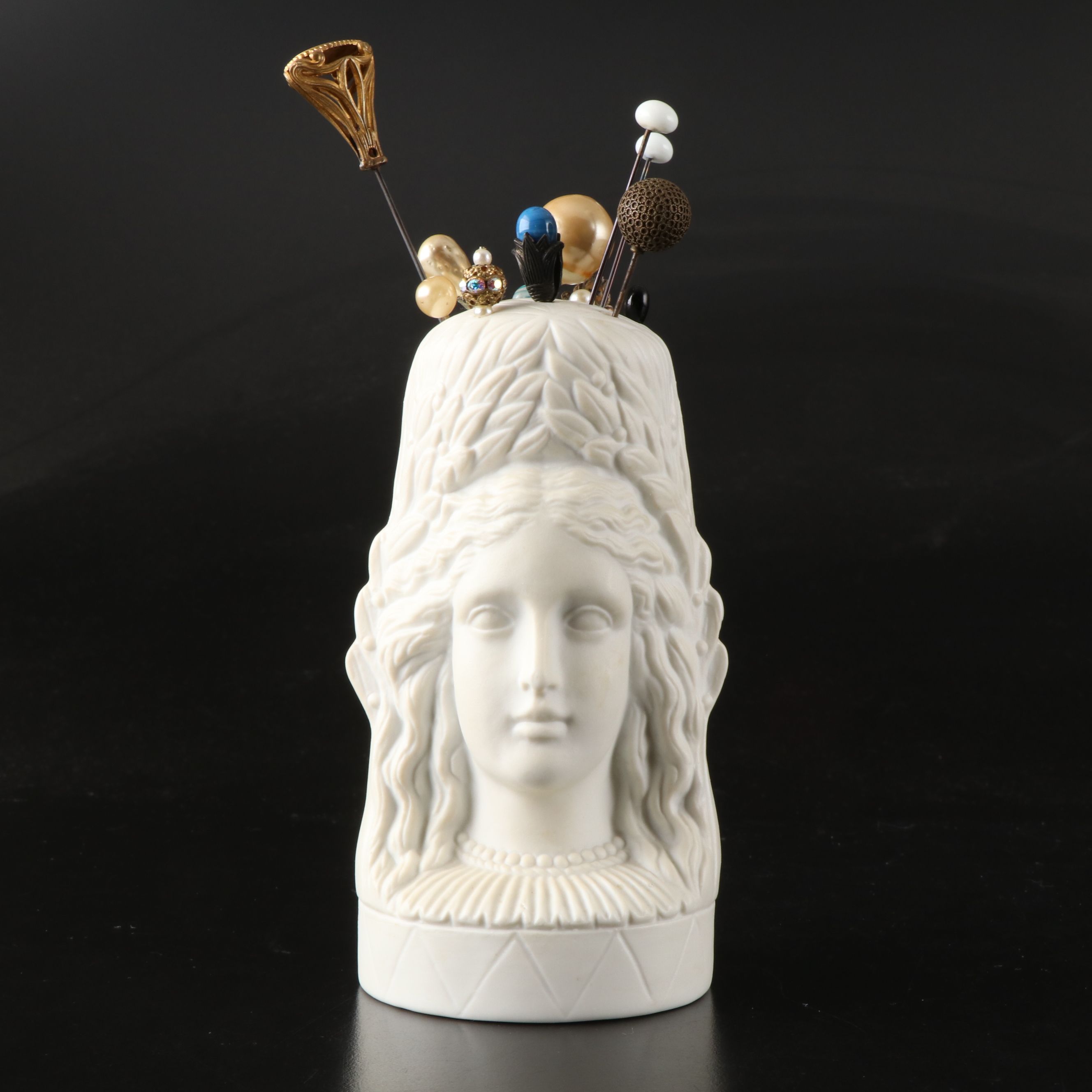 Victorian Style Lady's Head Porcelain Hat Pin Holder with Vintage Hat Pins