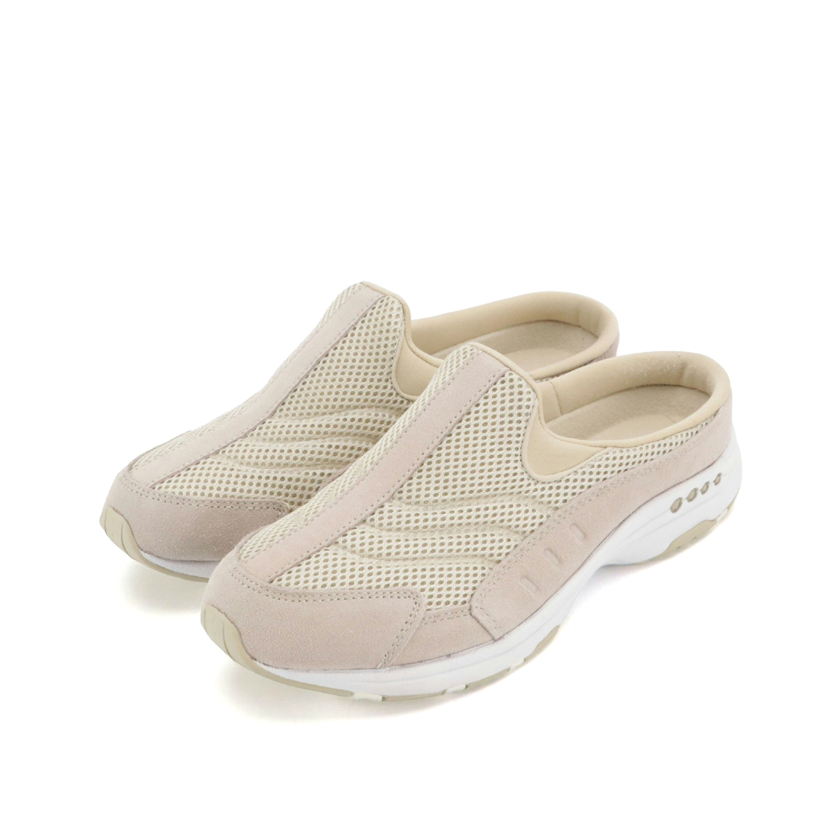 Easy Spirit "Travel Time" Slip-On Sneakers in Beige Nylon Mesh & Suede, With Box