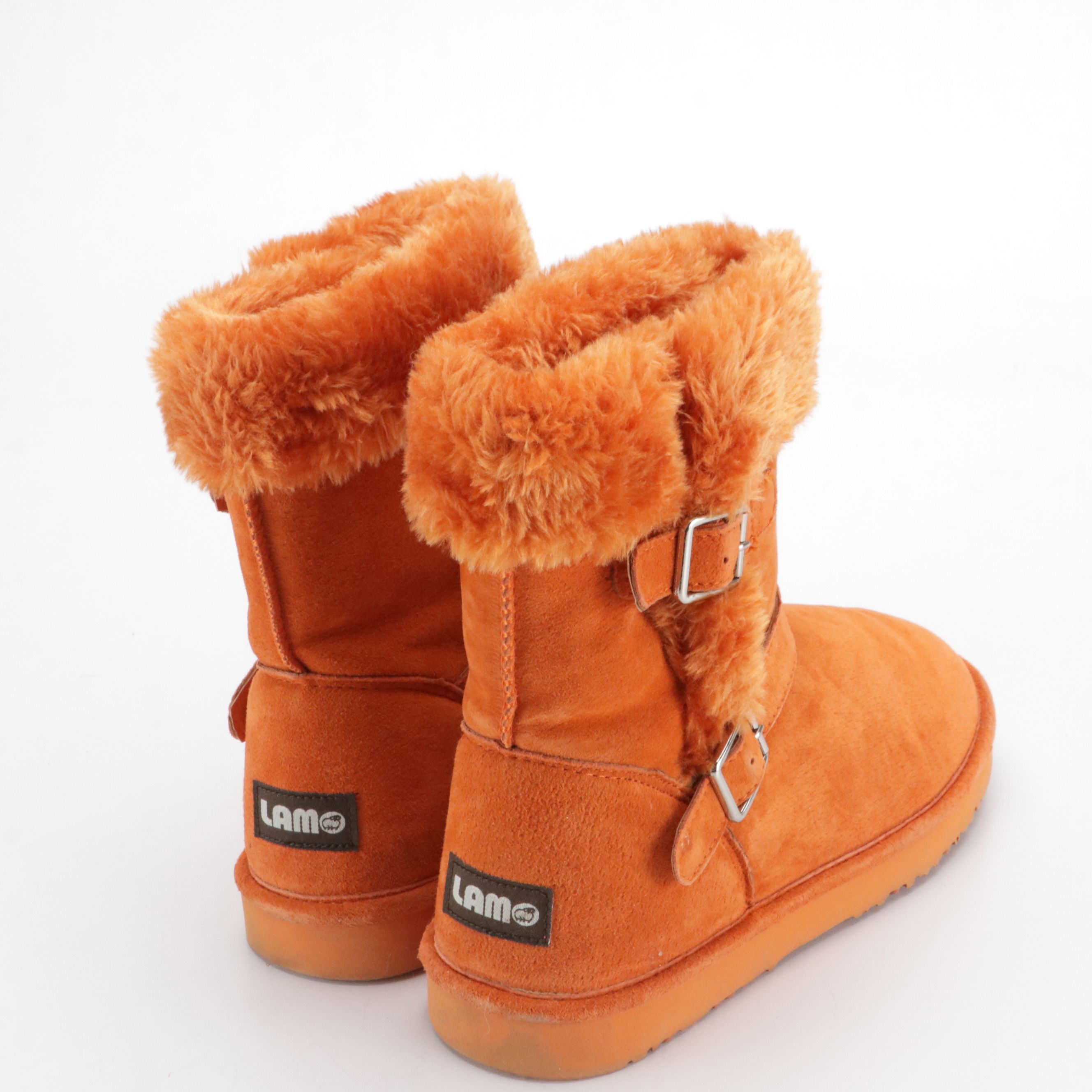 Lamo Orange Faux Sheepskin Shearling Buckle Boots, With Box