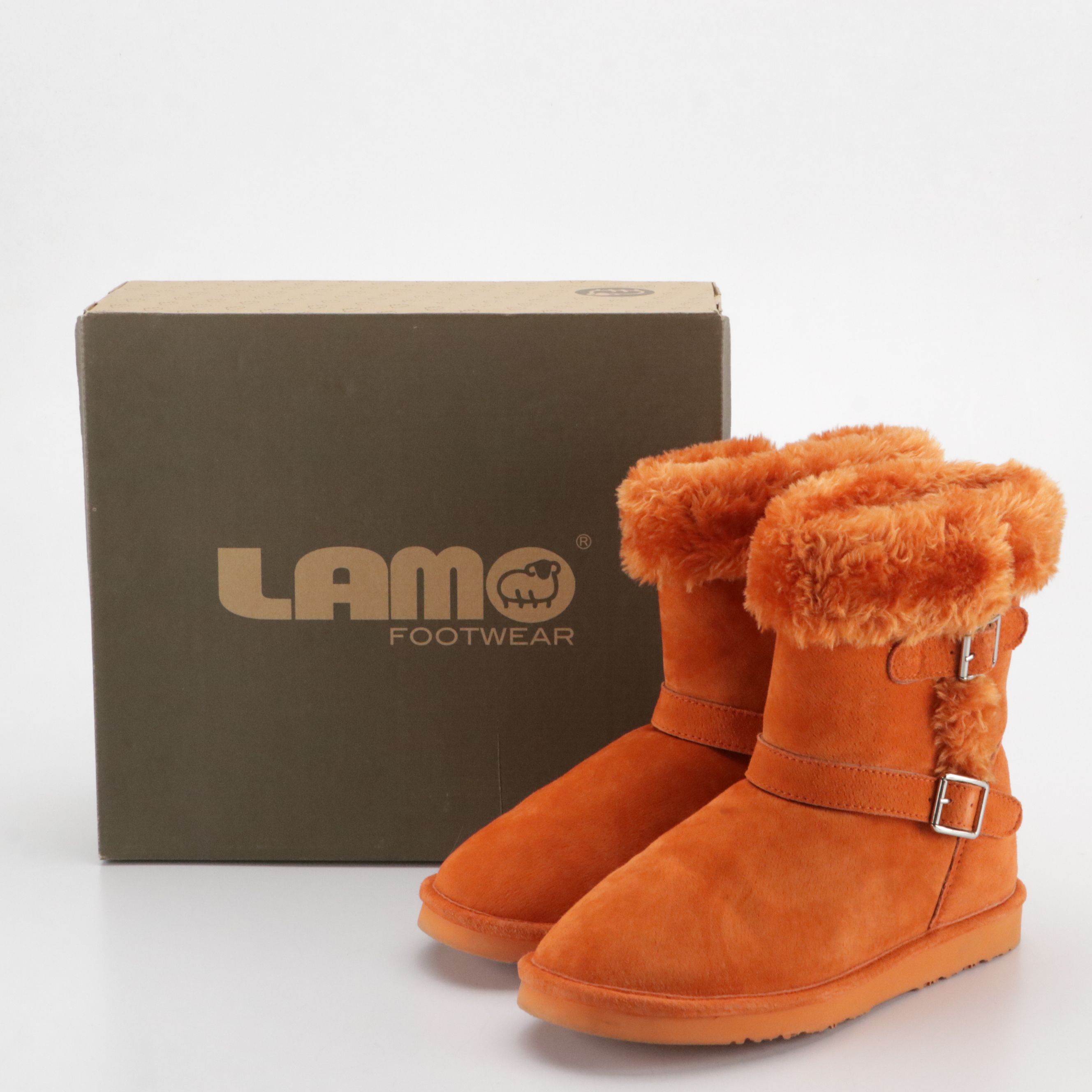 Lamo Orange Faux Sheepskin Shearling Buckle Boots, With Box