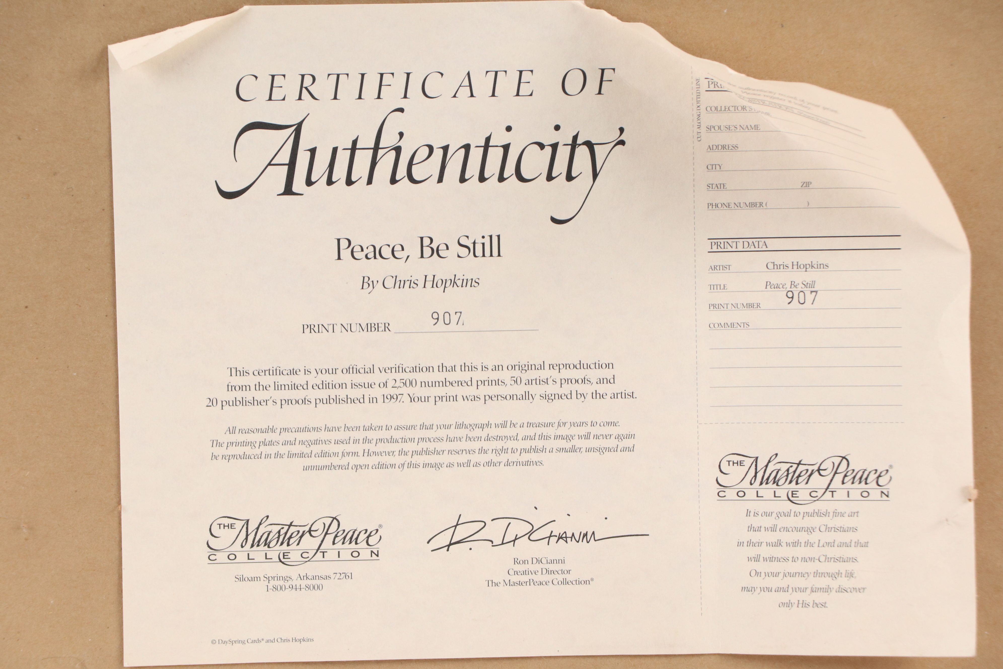 Chris Hopkins Offset Lithograph "Peace, Be Still," 1997