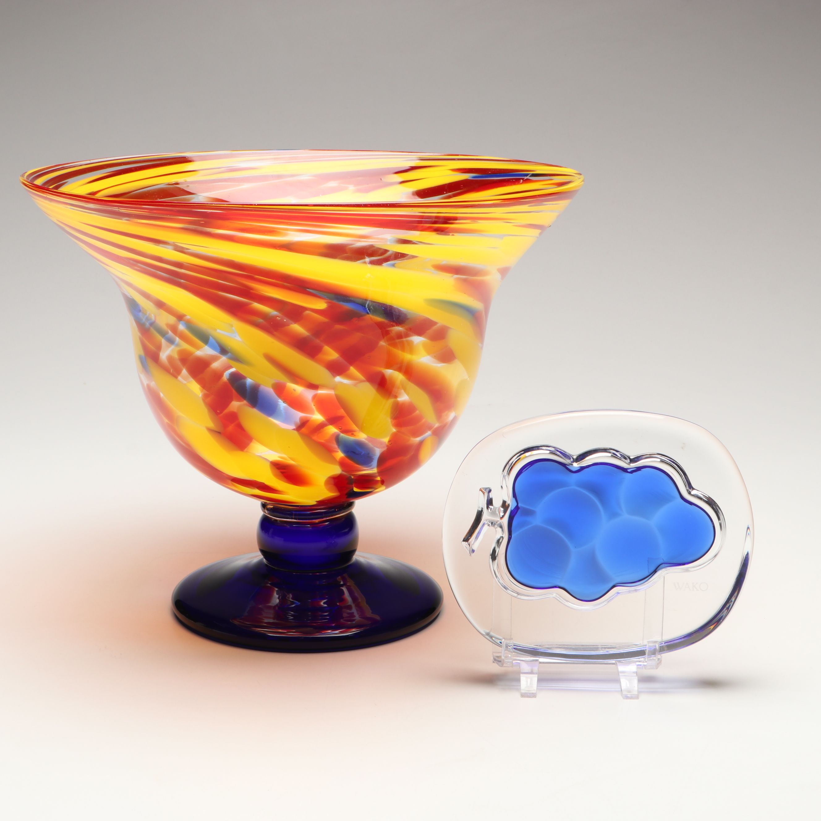 Wako Cobalt Grape Glass Paperweight with Multicolor Art Glass Footed Bowl