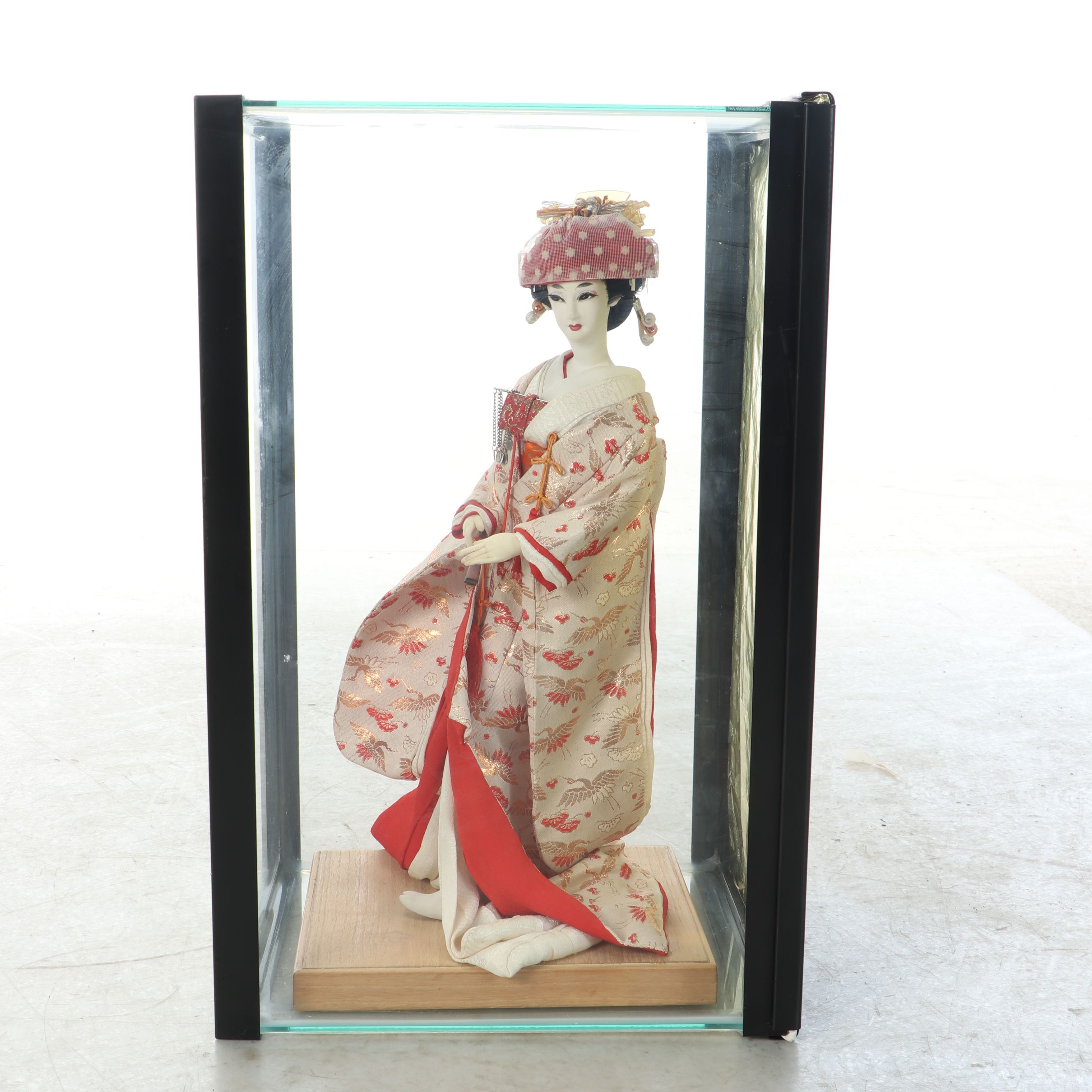 Japanese Handmade Woman Dressed in Kimono Holding Fan Fabric and Plaster Doll