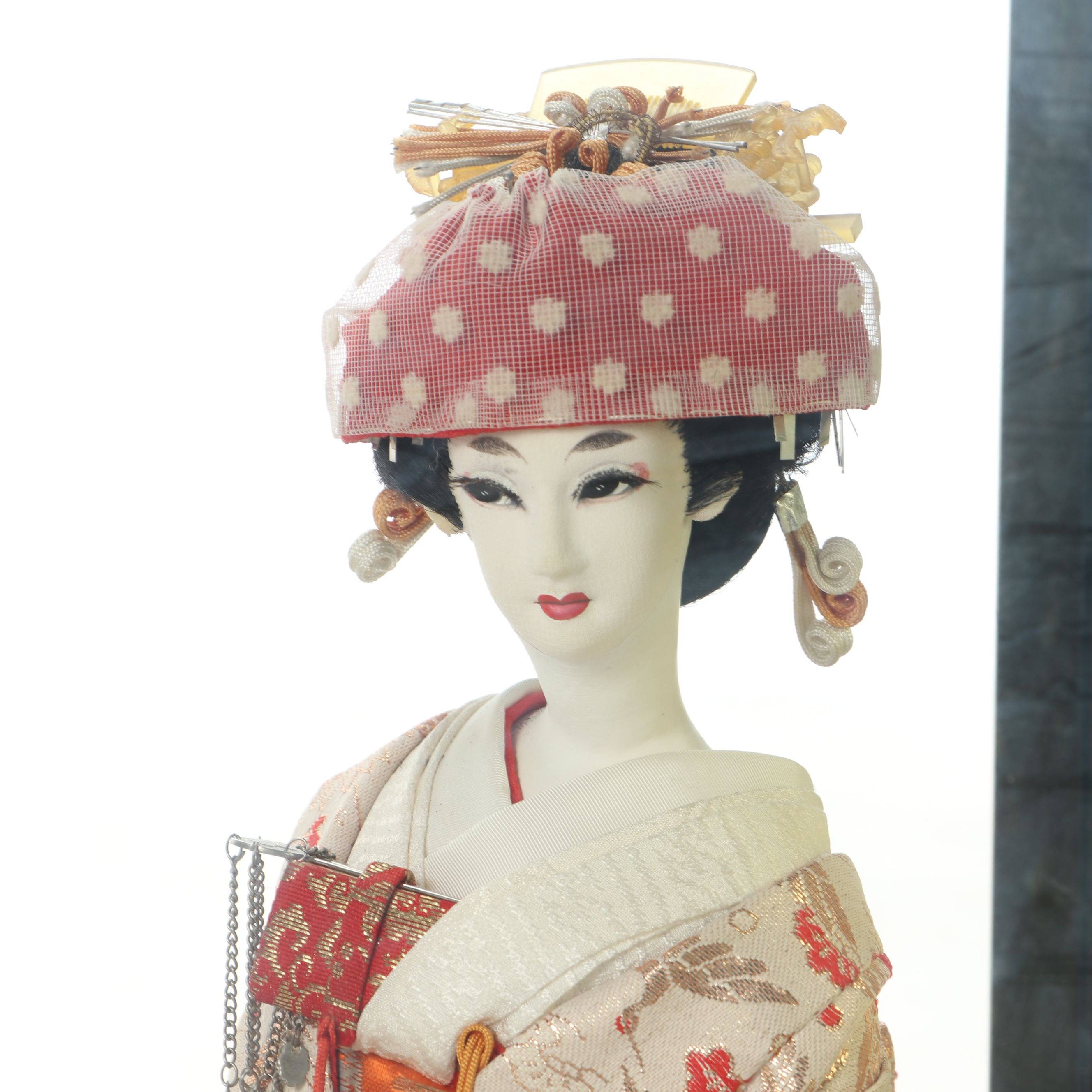 Japanese Handmade Woman Dressed in Kimono Holding Fan Fabric and Plaster Doll