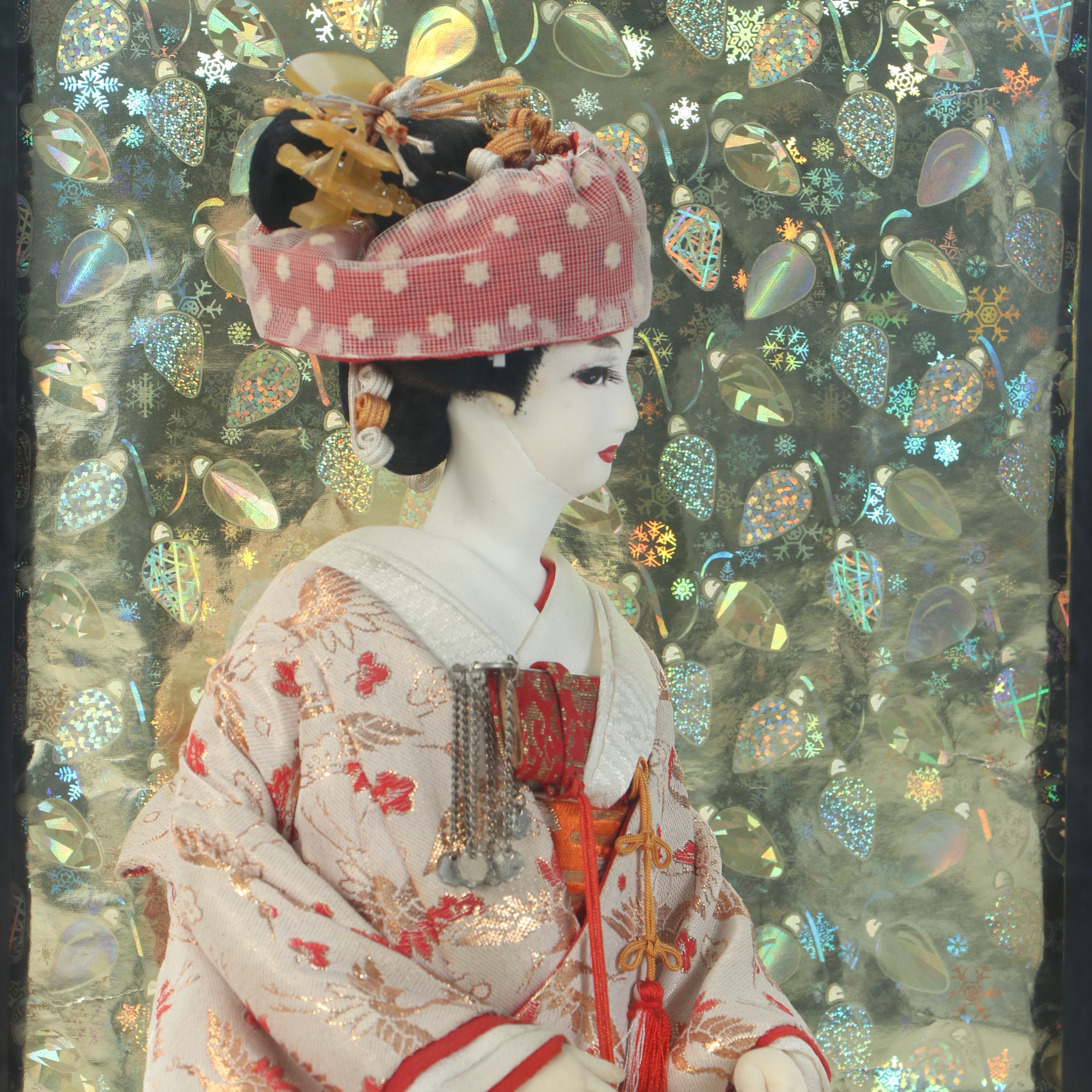 Japanese Handmade Woman Dressed in Kimono Holding Fan Fabric and Plaster Doll