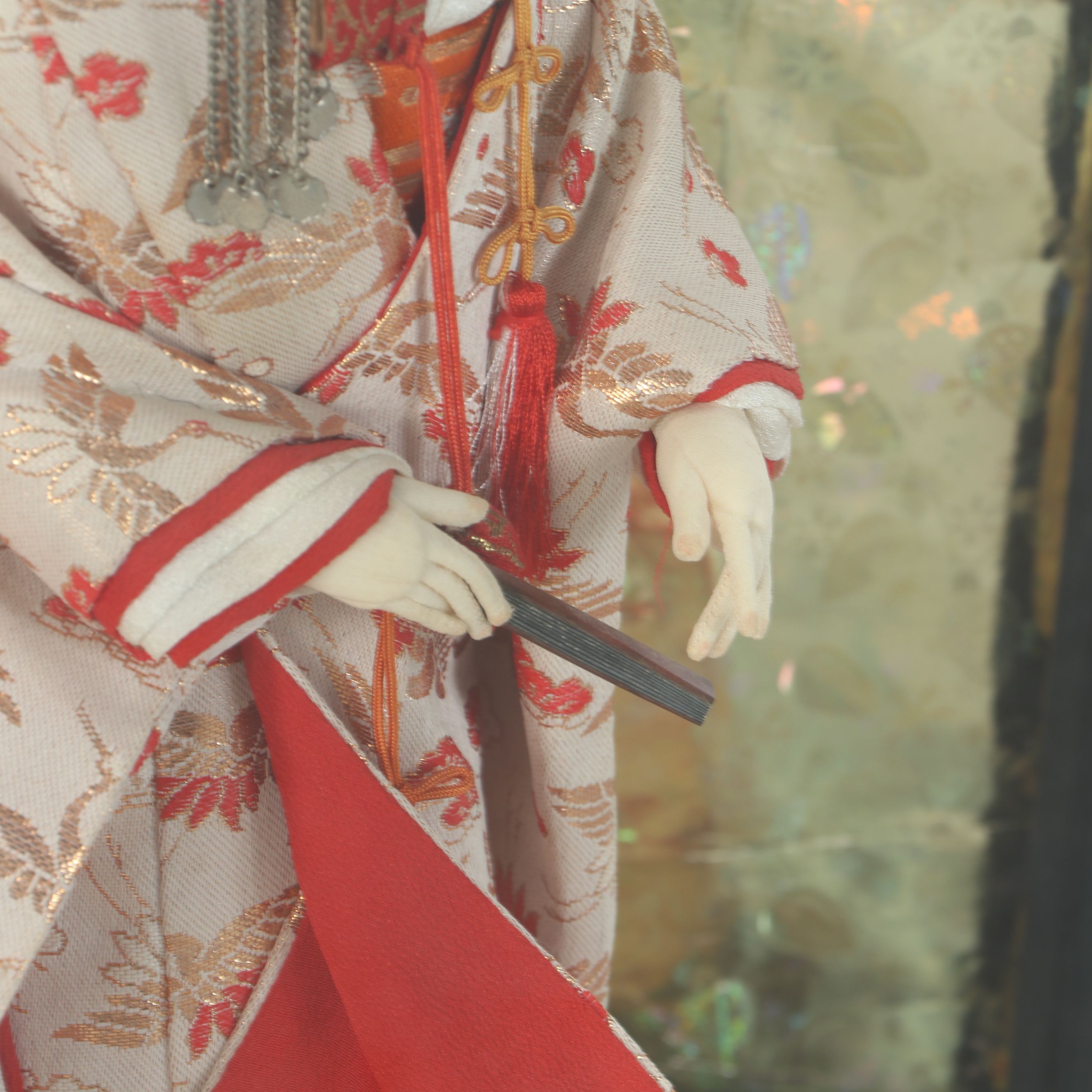 Japanese Handmade Woman Dressed in Kimono Holding Fan Fabric and Plaster Doll