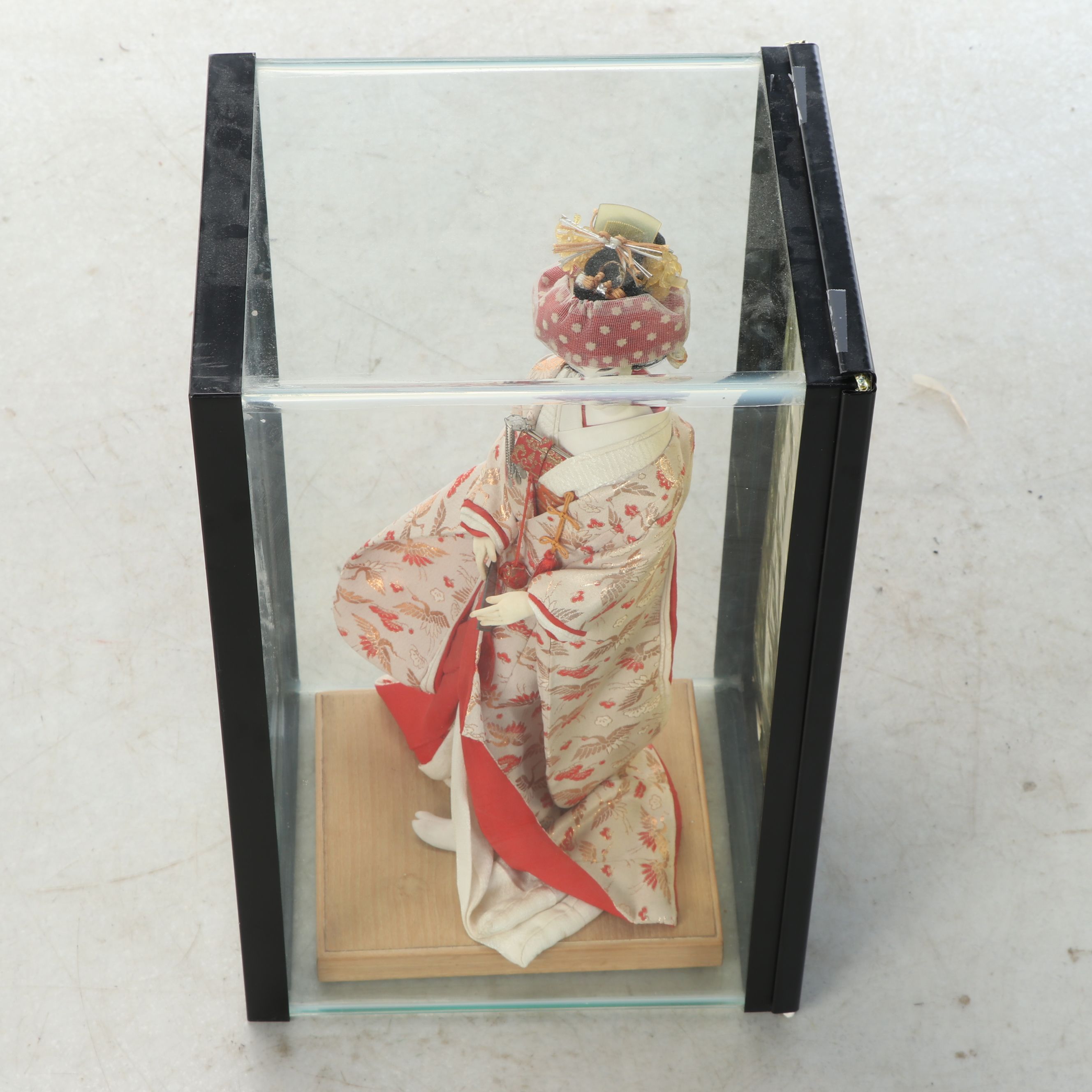 Japanese Handmade Woman Dressed in Kimono Holding Fan Fabric and Plaster Doll