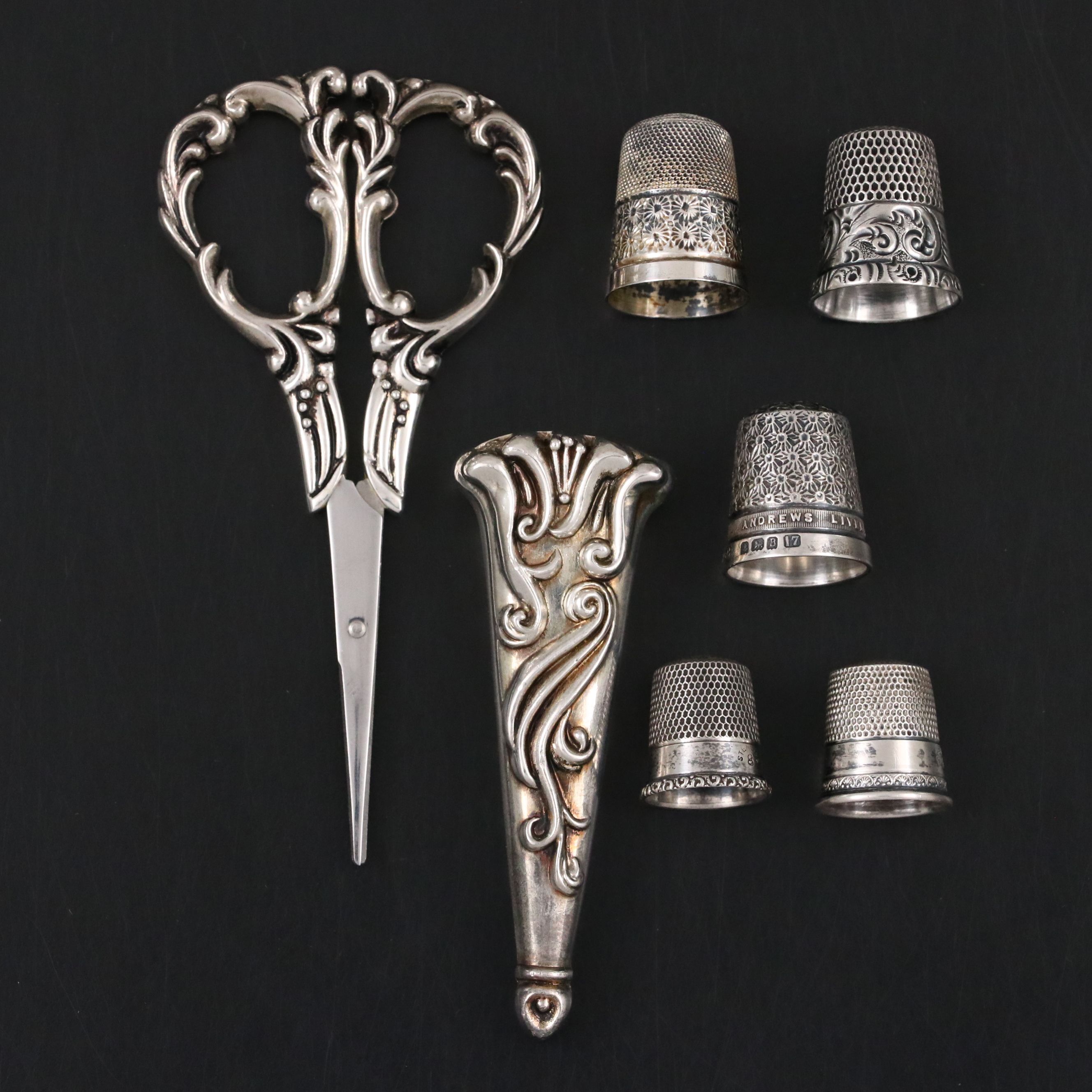 Victorian Style Embroidery Scissors and Sheath, with Sterling Thimbles