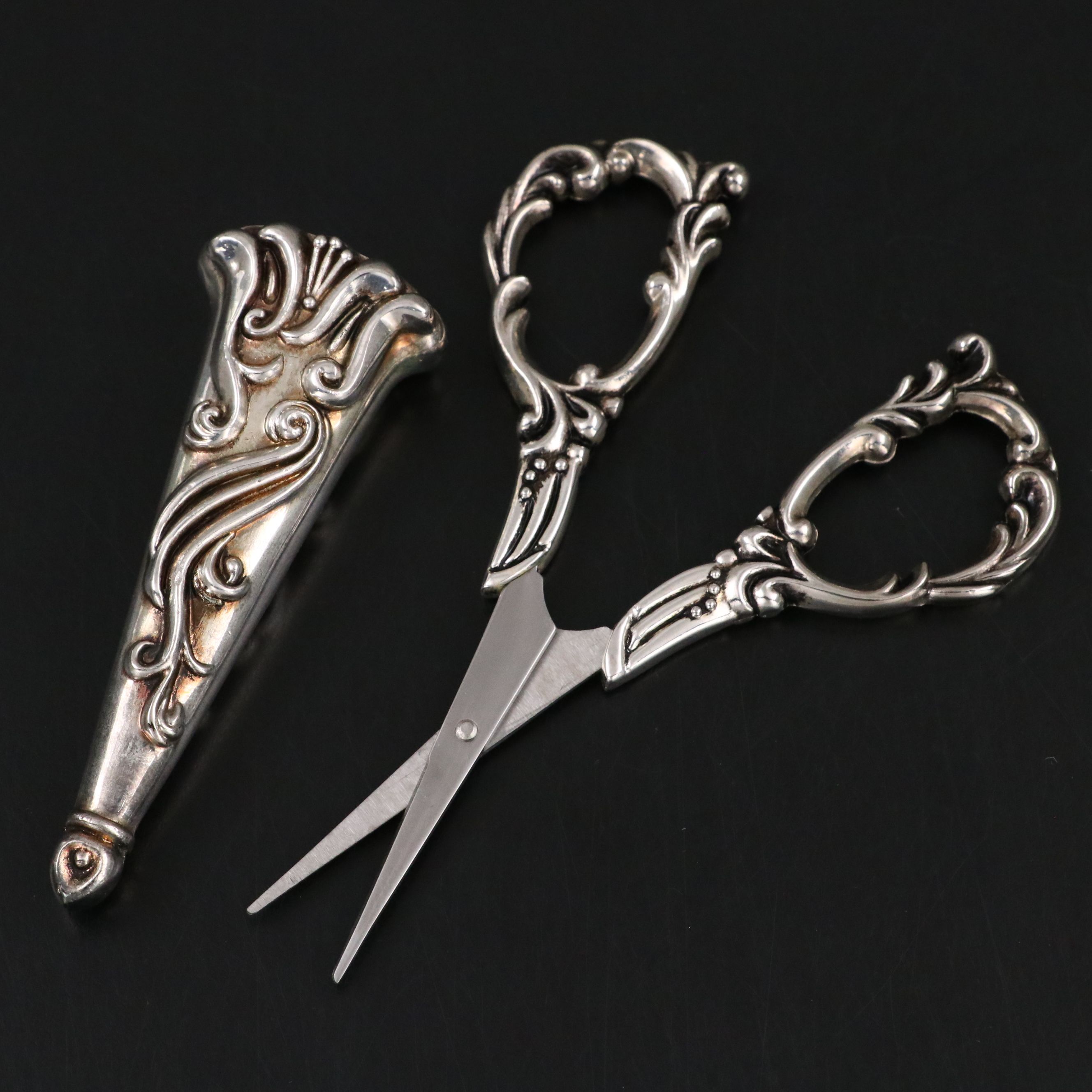 Victorian Style Embroidery Scissors and Sheath, with Sterling Thimbles