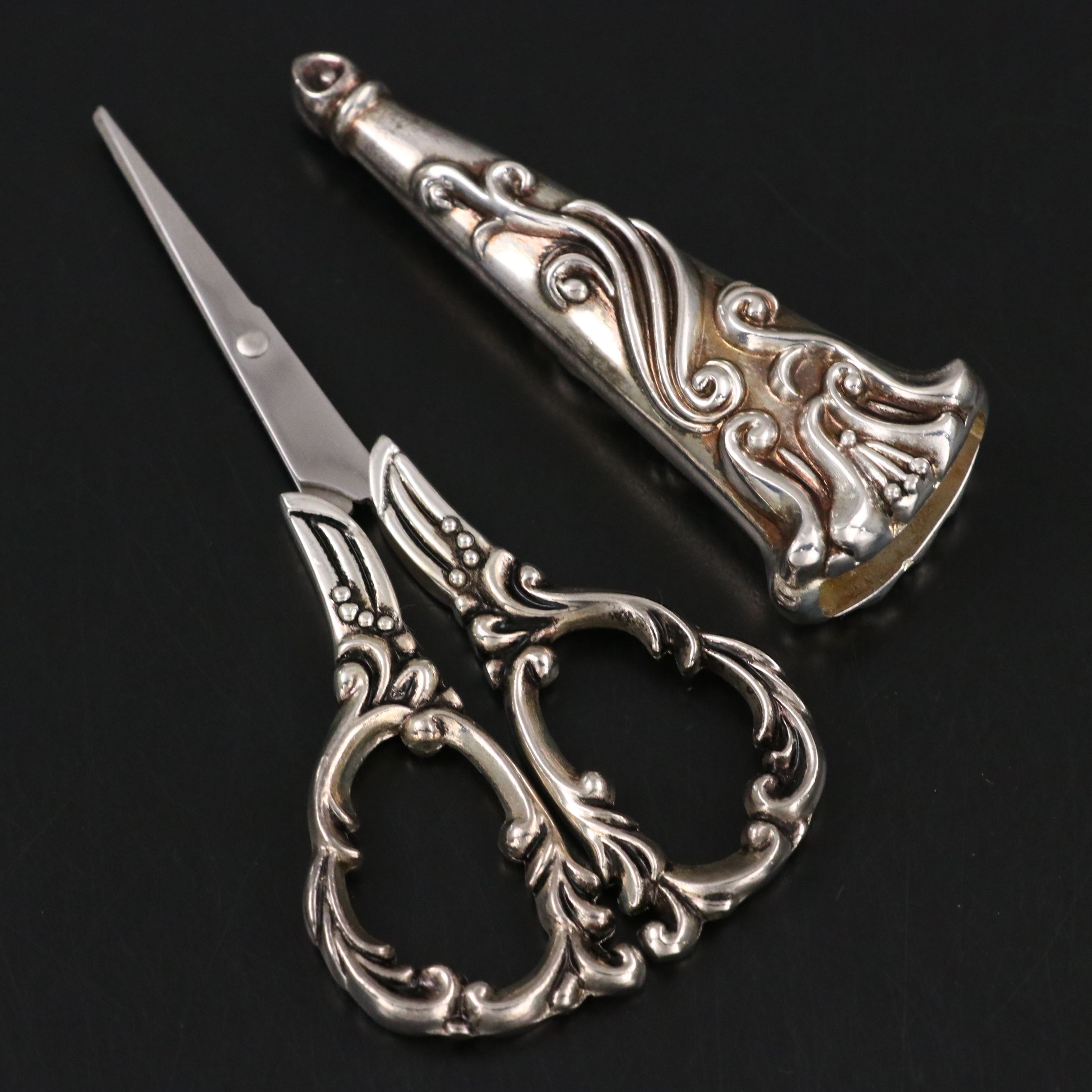 Victorian Style Embroidery Scissors and Sheath, with Sterling Thimbles