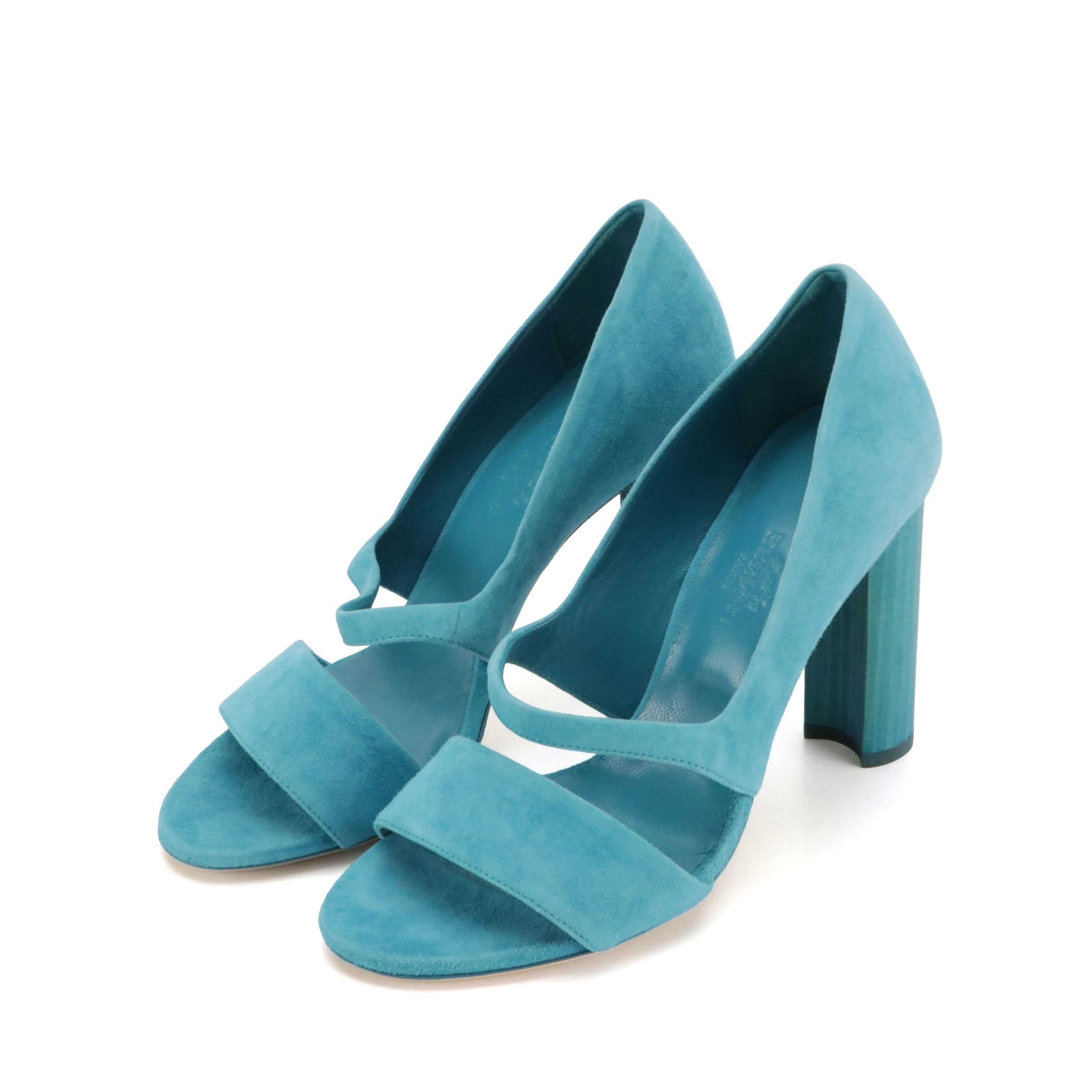 Hermès "Muse" Open-Toe Pumps in Turquoise Suede