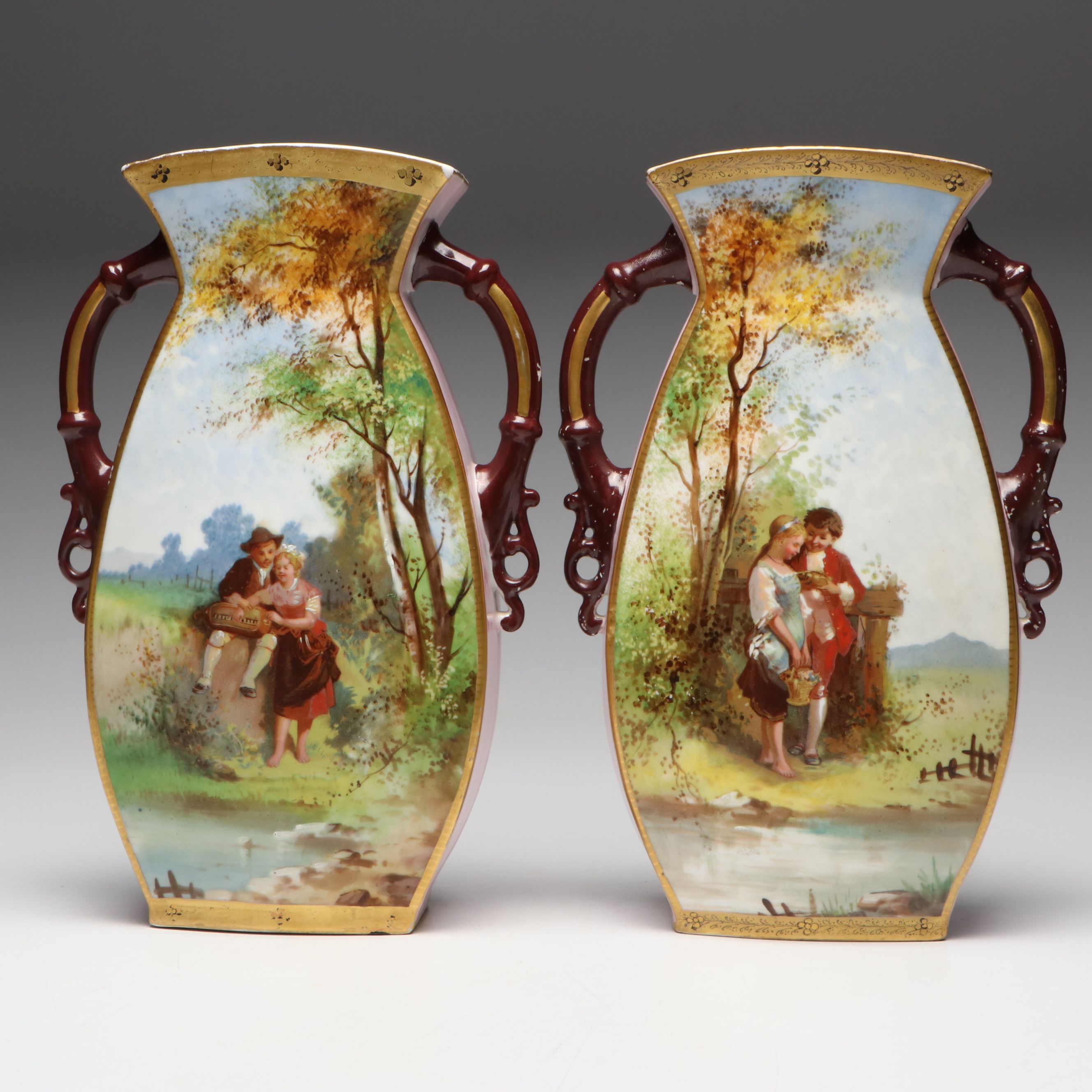 Vintage Pastoral Scene Porcelain Vases
