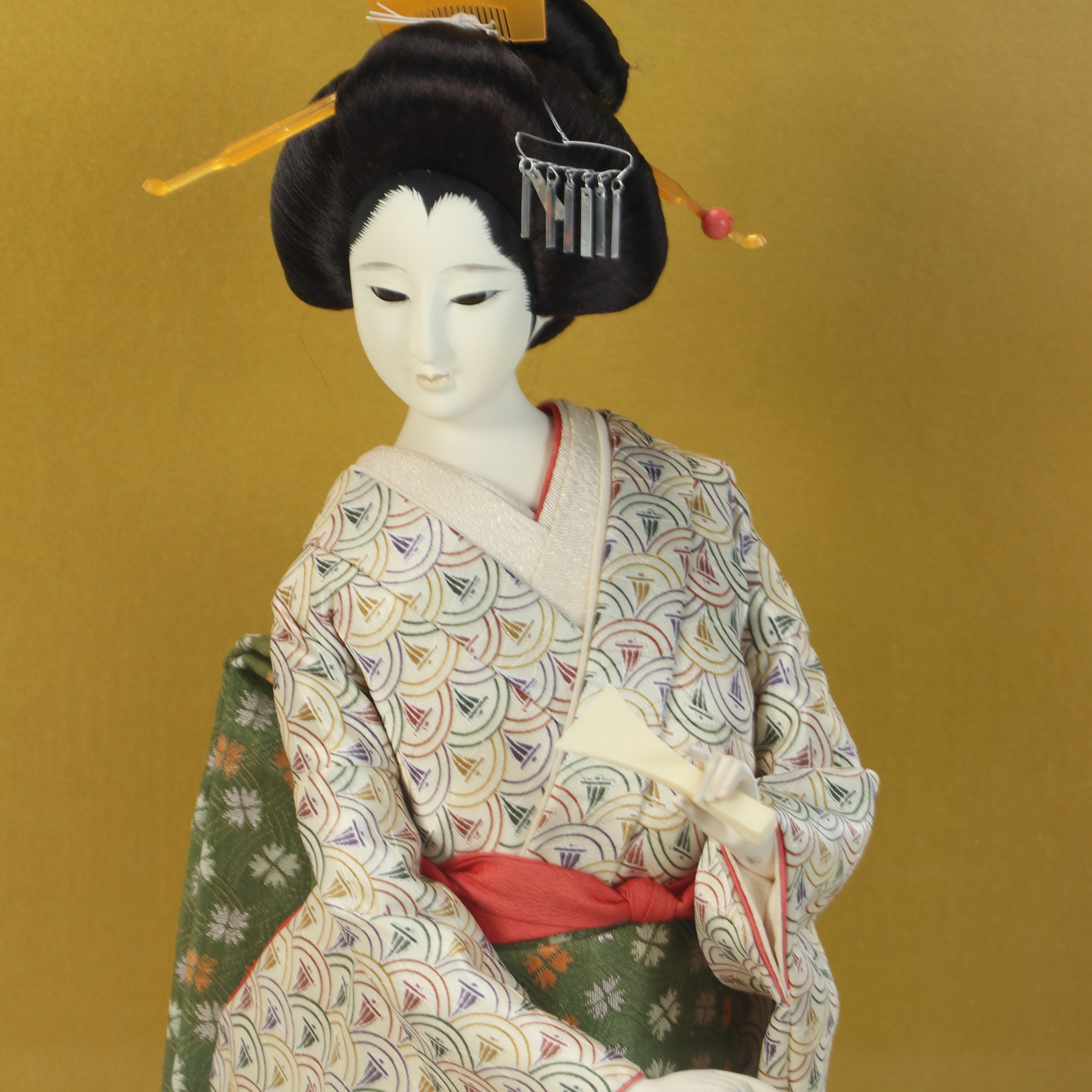 Japanese Handmade Woman in Kimono Holding Shamisen Plaster Doll