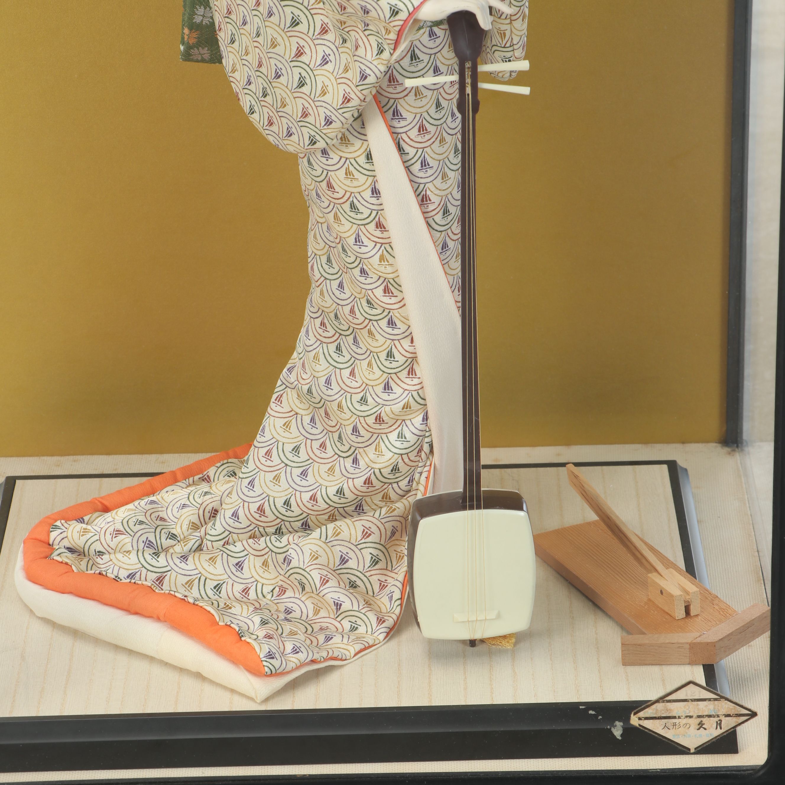 Japanese Handmade Woman in Kimono Holding Shamisen Plaster Doll