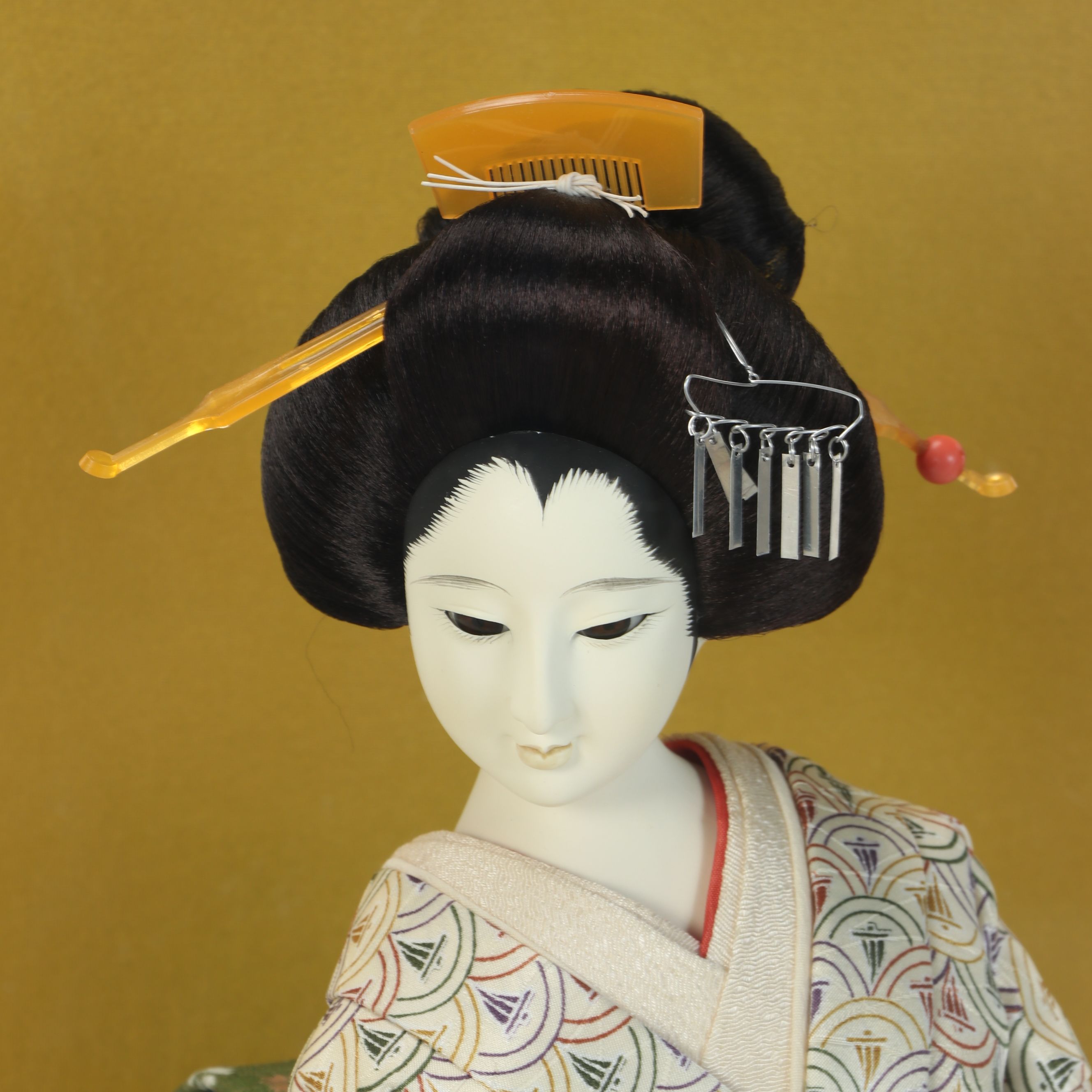 Japanese Handmade Woman in Kimono Holding Shamisen Plaster Doll