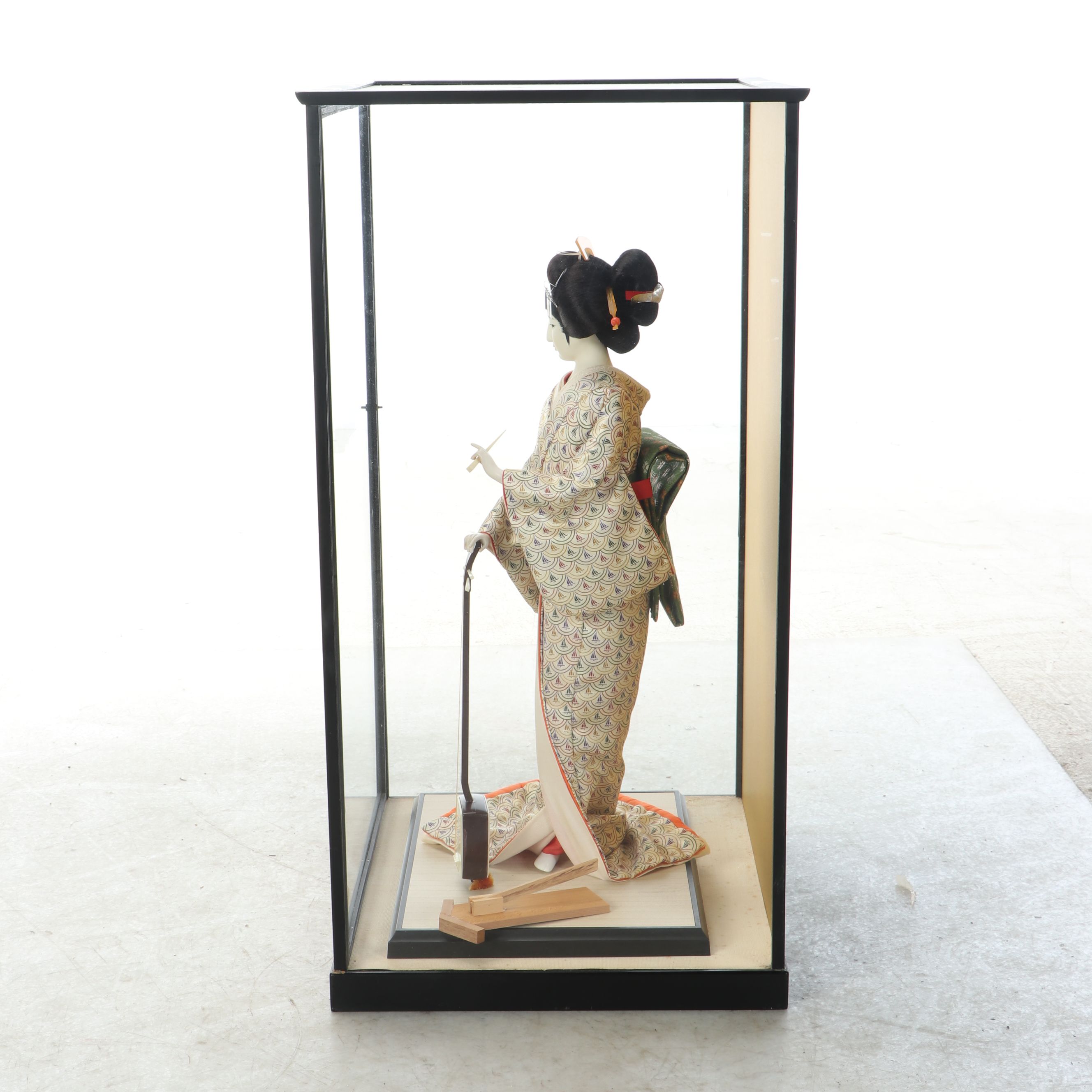 Japanese Handmade Woman in Kimono Holding Shamisen Plaster Doll