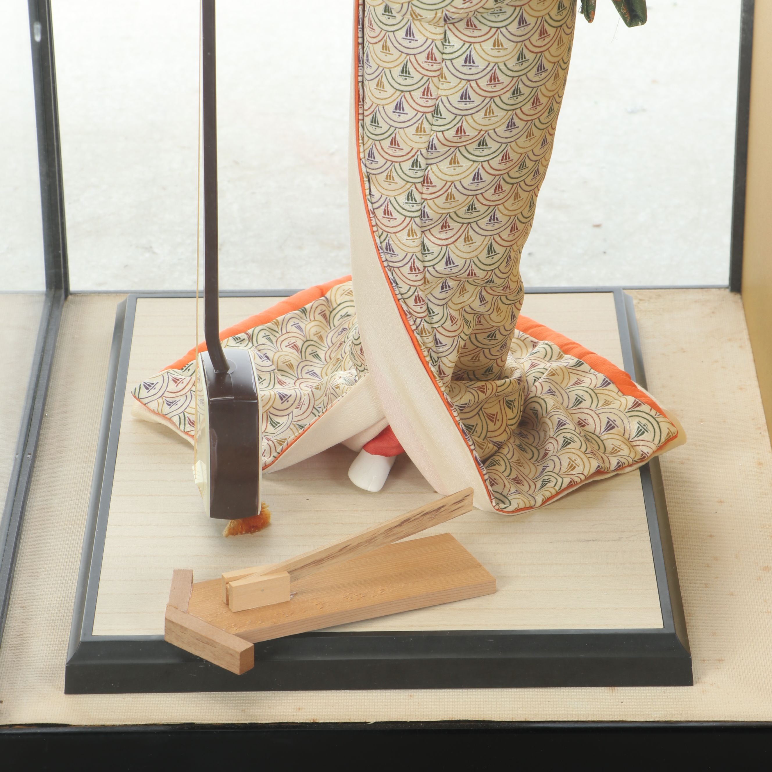 Japanese Handmade Woman in Kimono Holding Shamisen Plaster Doll