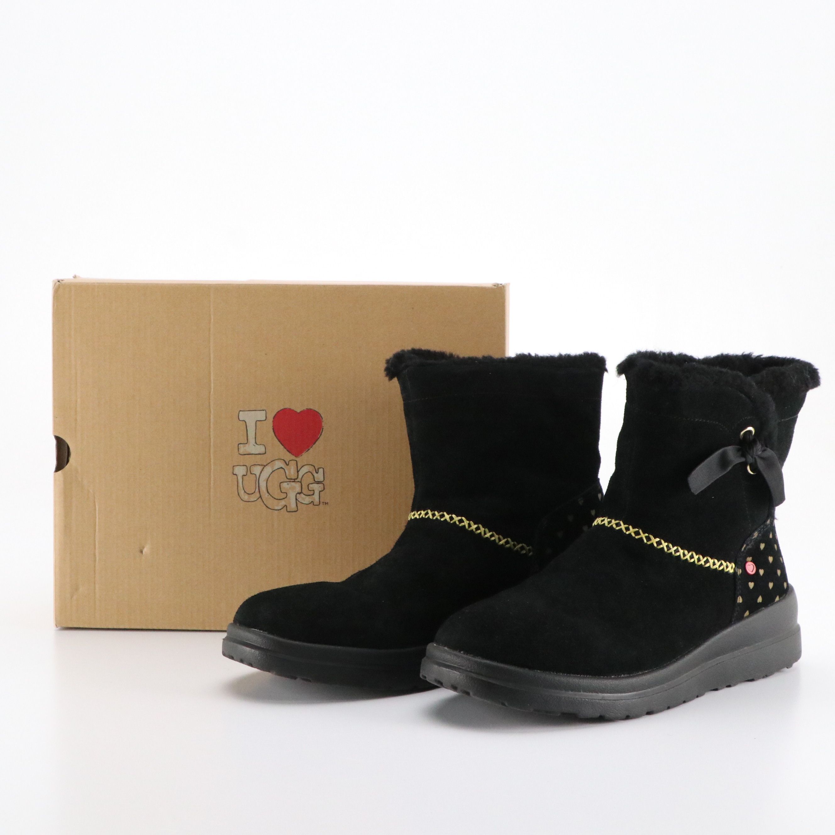 UGG "I Heart UGG" Black Sheepskin Shearling Boots, With Box