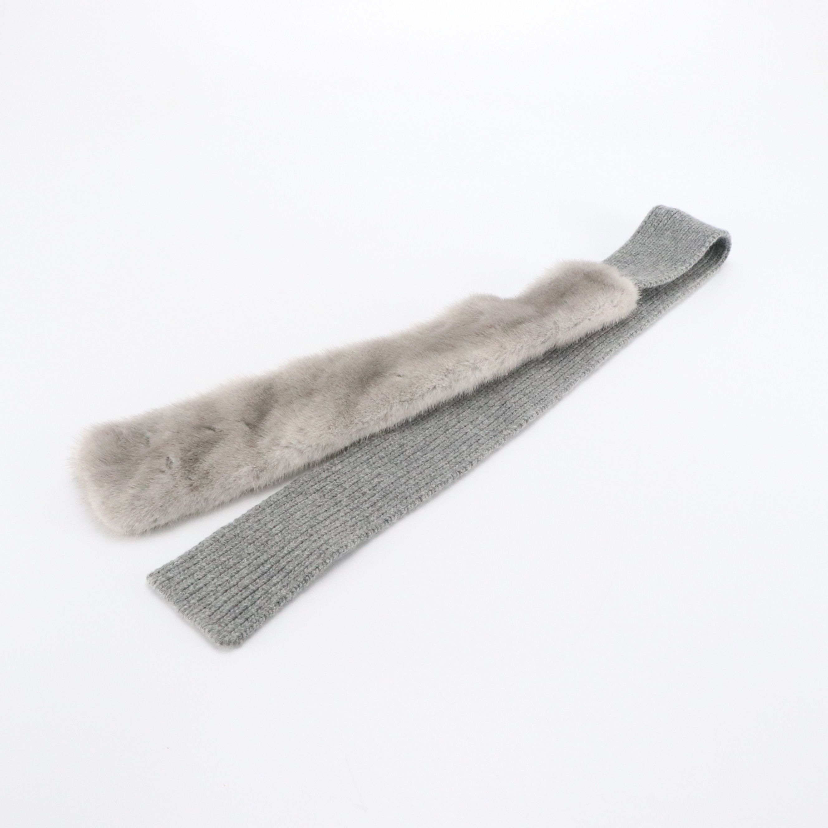 Prada Grey Mink Fur, Wool, and Cashmere Knit Scarf