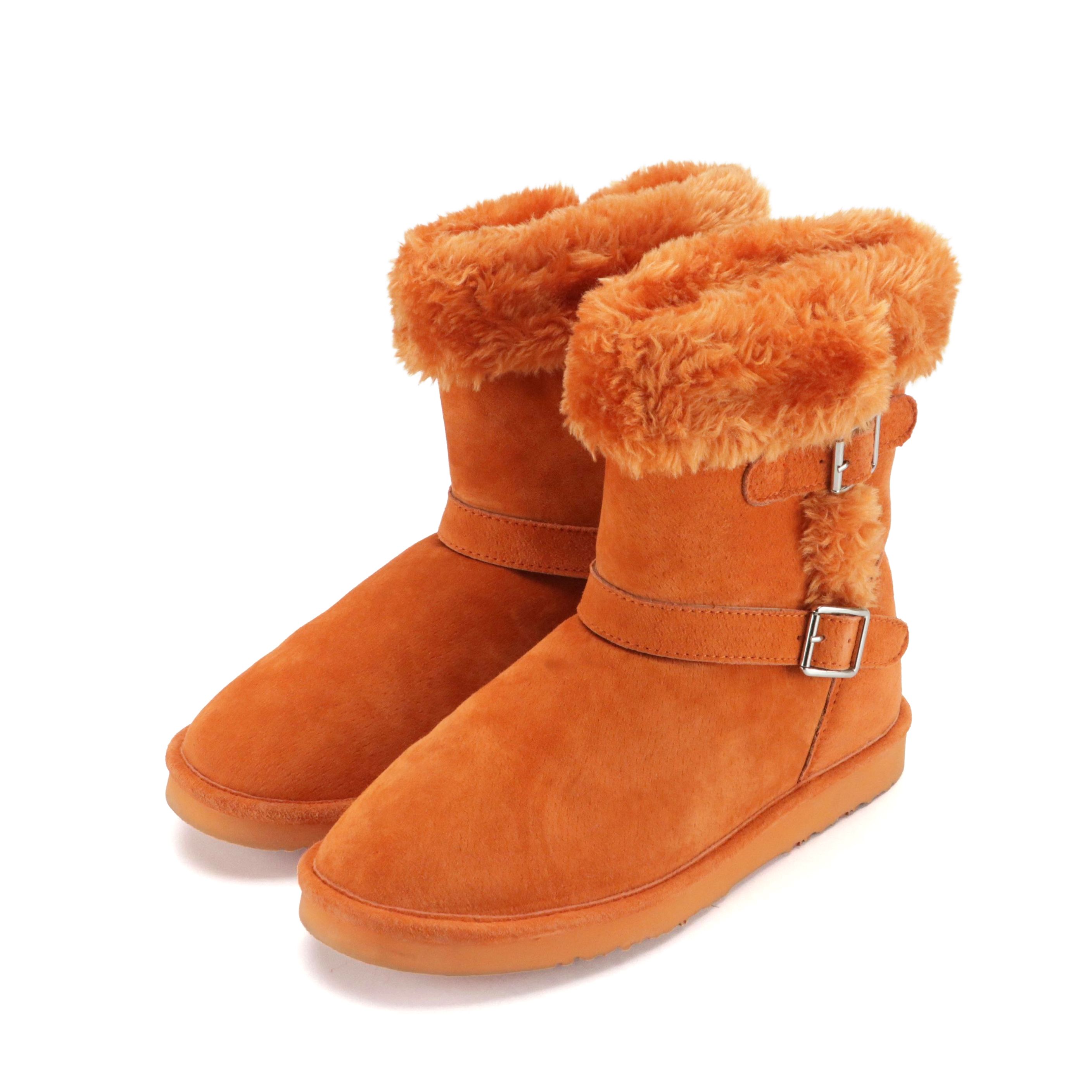 Lamo Orange Faux Sheepskin Shearling Buckle Boots, With Box
