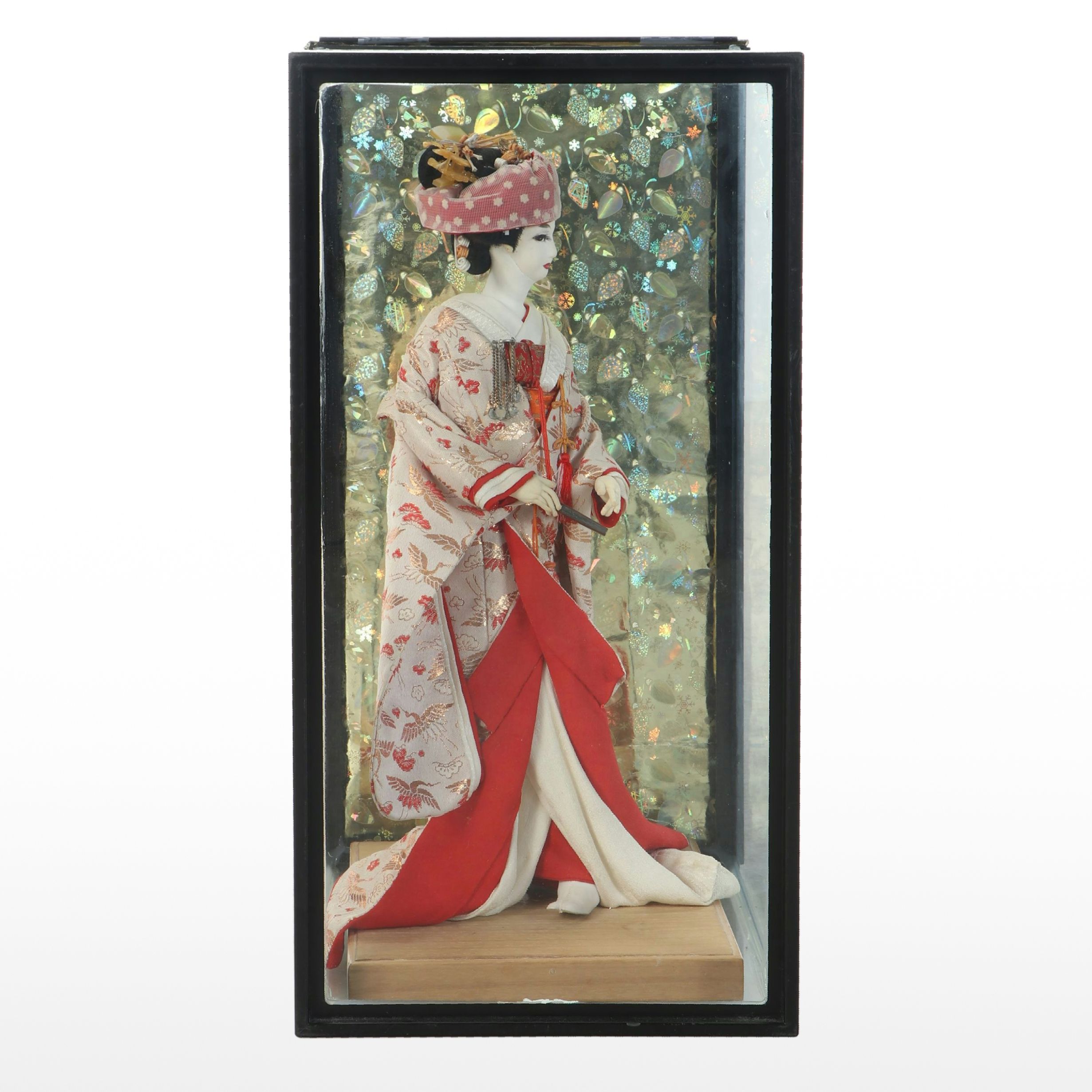 Japanese Handmade Woman Dressed in Kimono Holding Fan Fabric and Plaster Doll