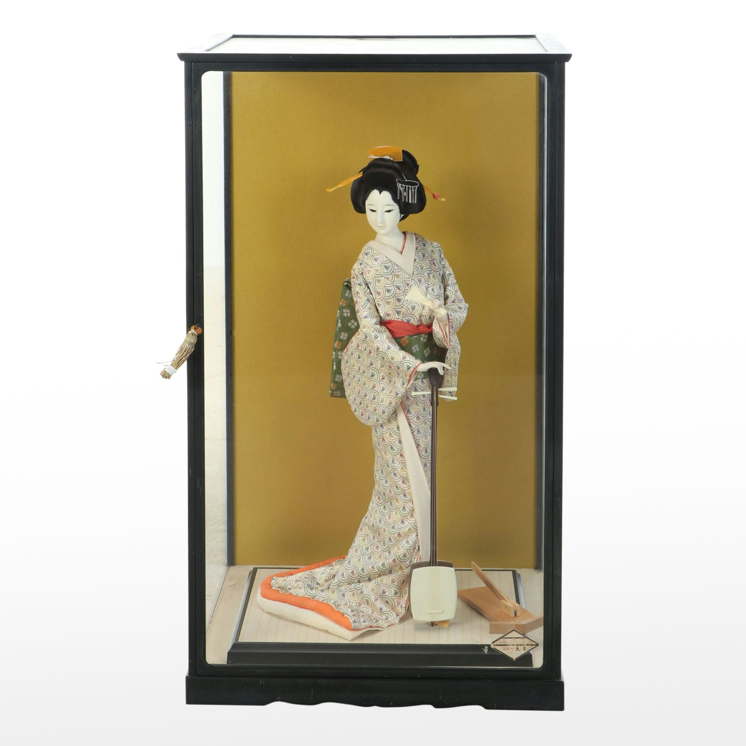 Japanese Handmade Woman in Kimono Holding Shamisen Plaster Doll