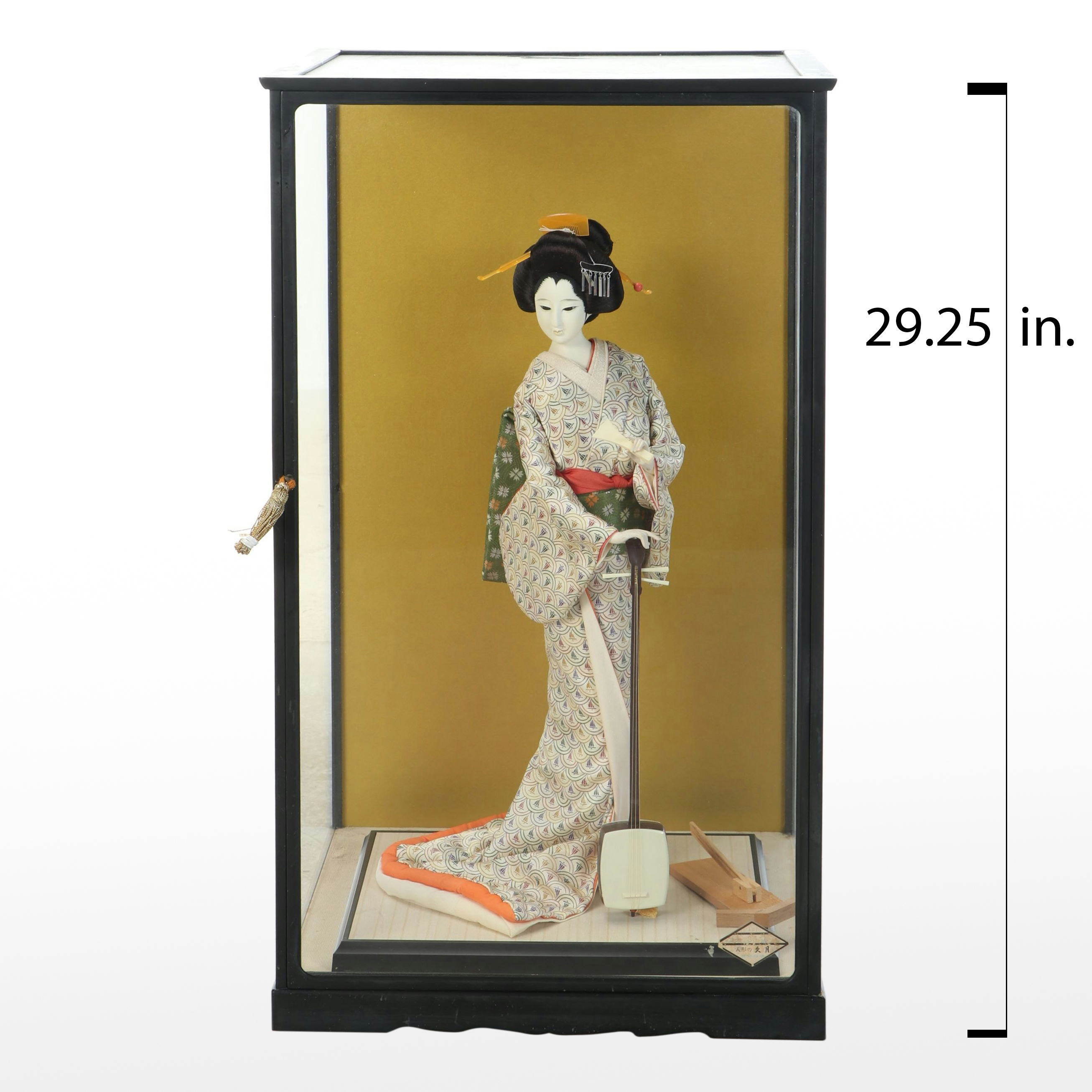 Japanese Handmade Woman in Kimono Holding Shamisen Plaster Doll