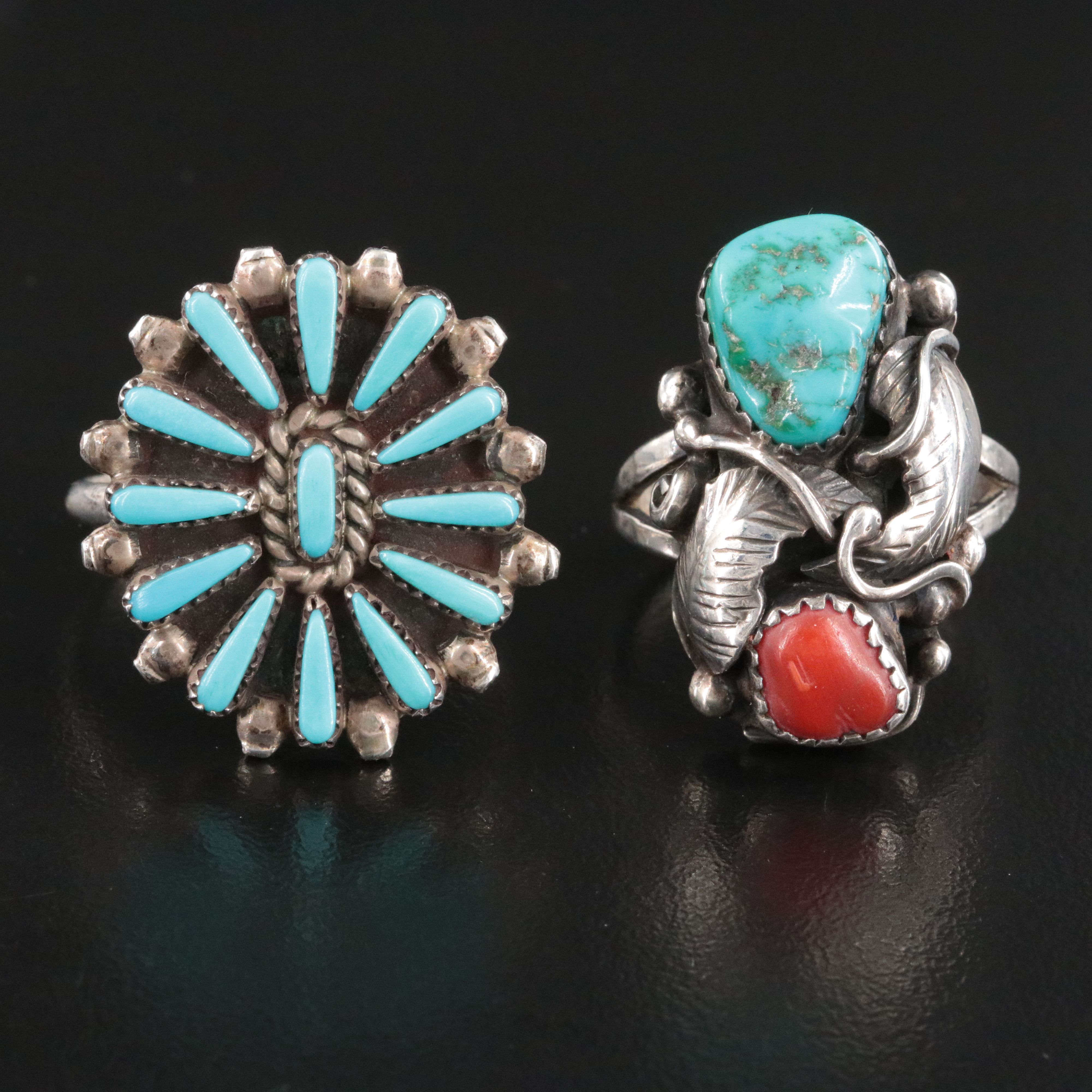 Southwestern Sterling Turquoise and Coral Rings