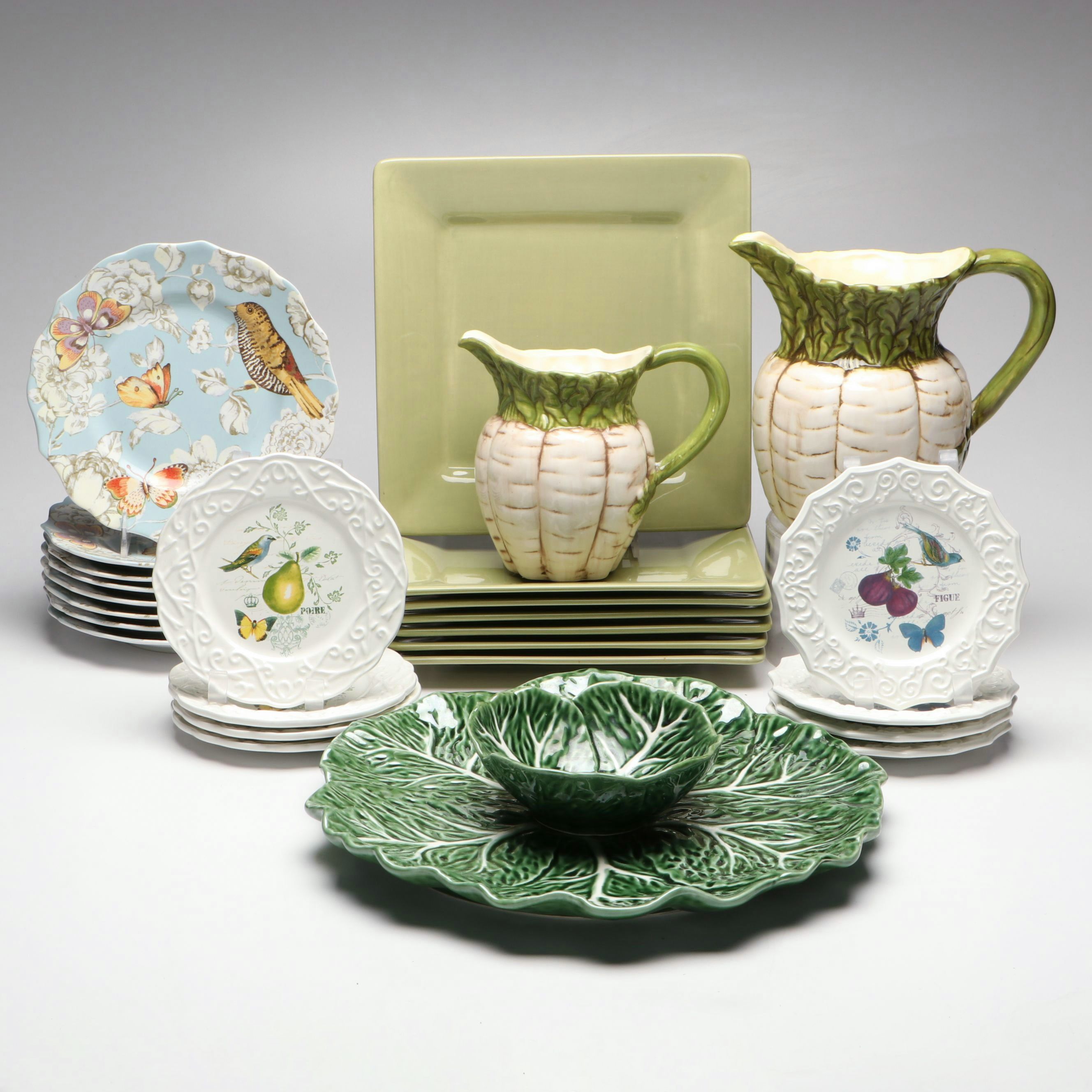 Cabbage Leaf Chip and Dip Tray with Pitchers and More Transferware Plates