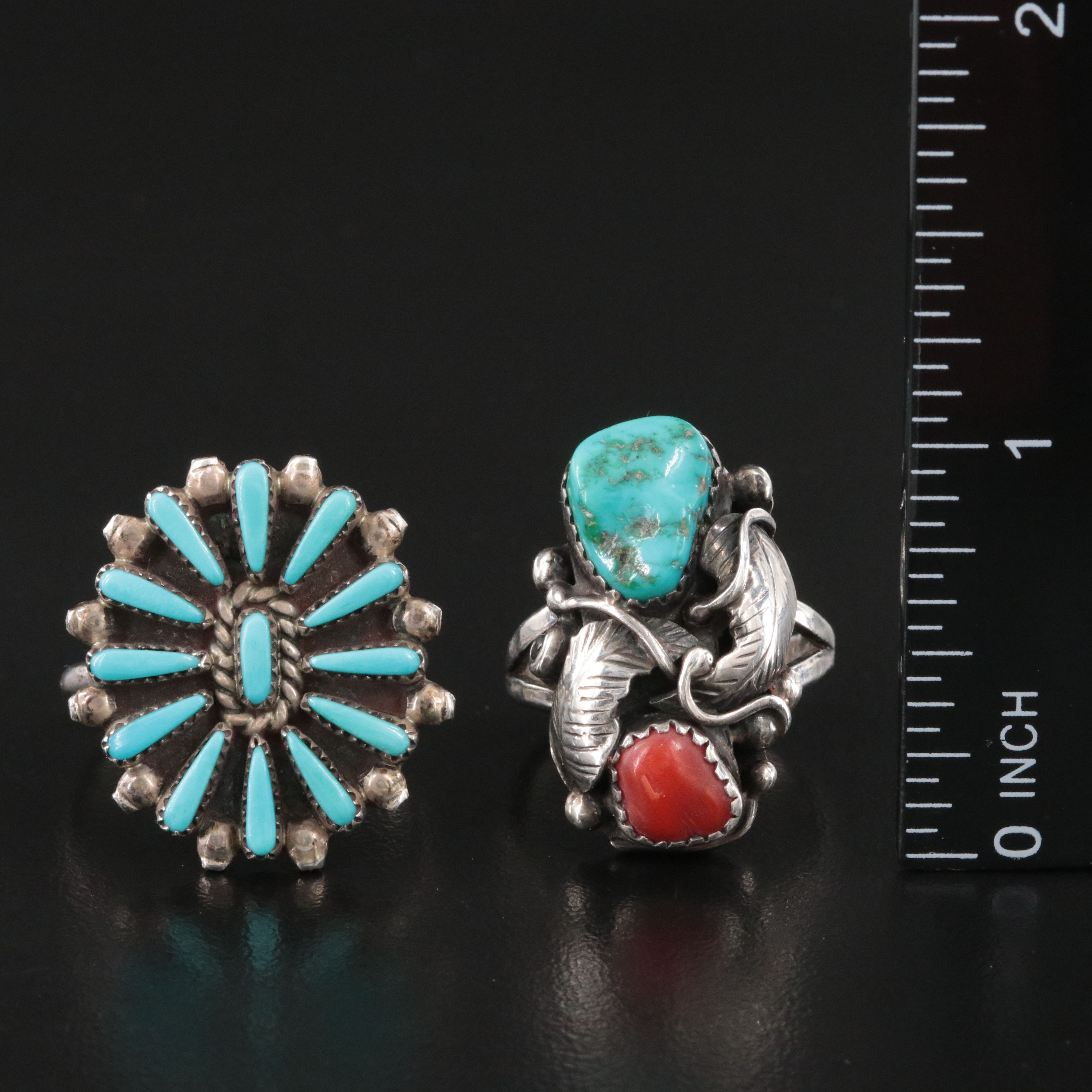 Southwestern Sterling Turquoise and Coral Rings