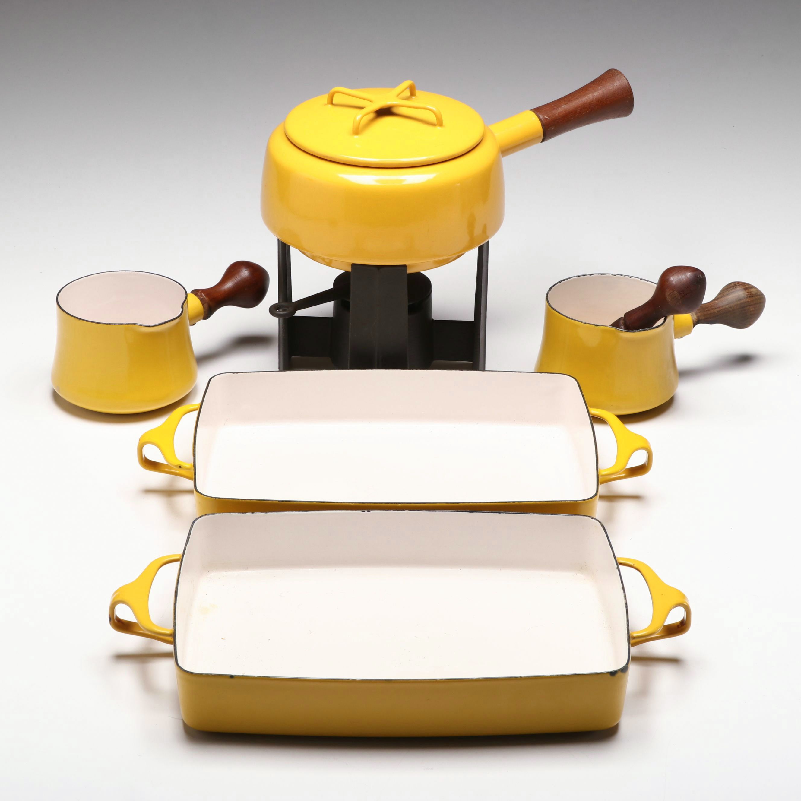 Dansk "Kobenstyle" Yellow Enameled Casserole Dishes, Fondue Pot and Sauce Pans