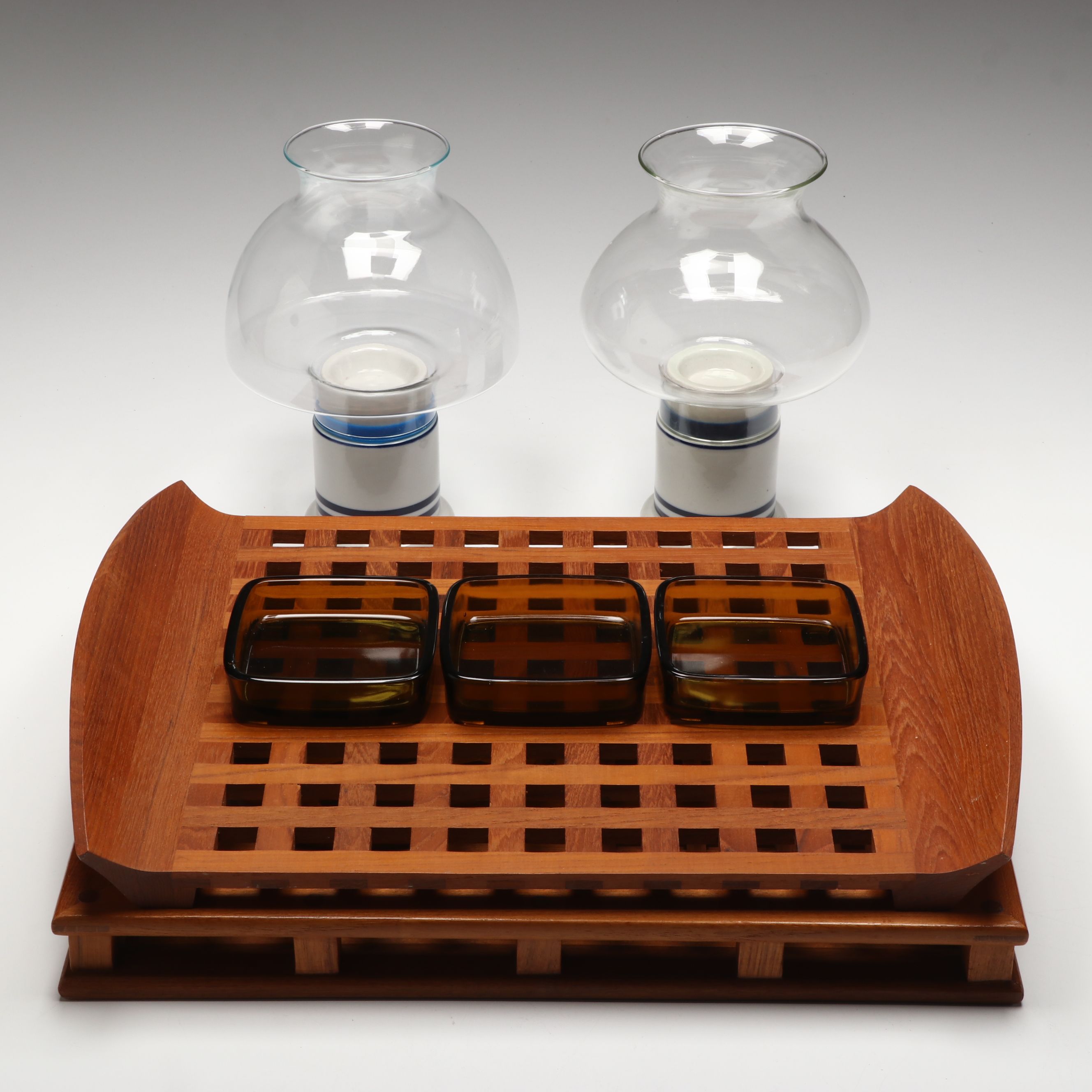 Dansk Teak Trays with Ceramic Hurricane Candle Lamps and More