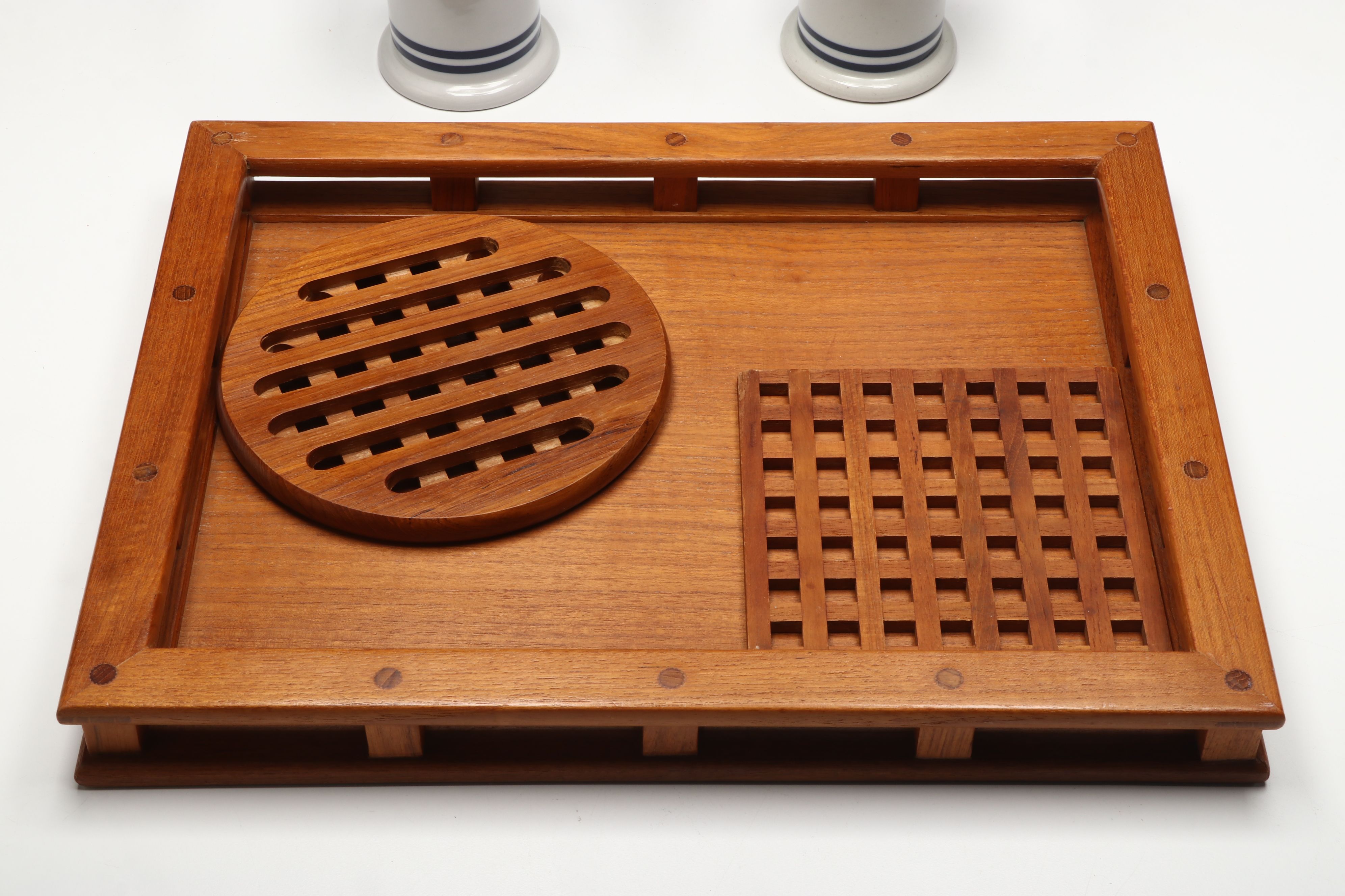 Dansk Teak Trays with Ceramic Hurricane Candle Lamps and More