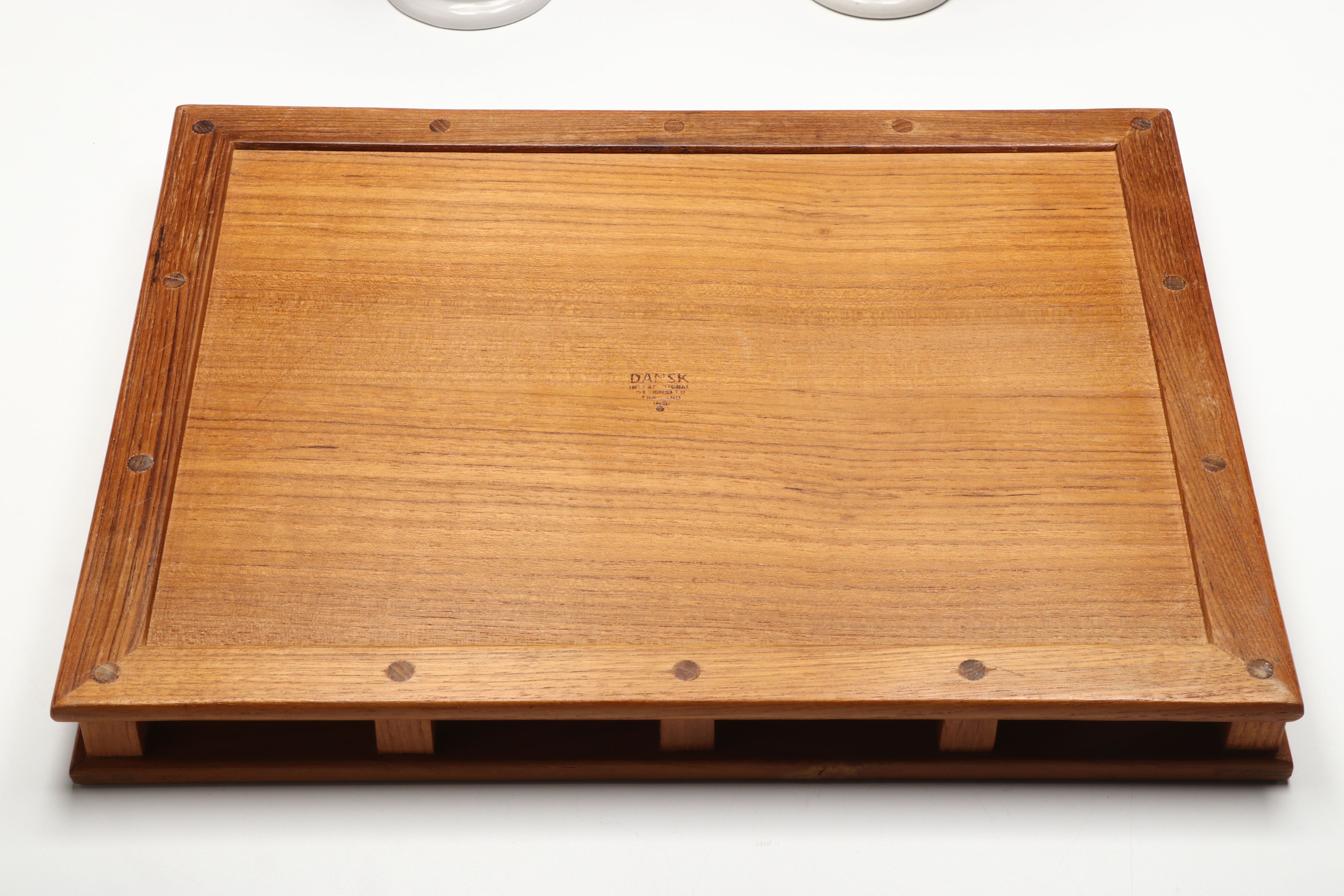 Dansk Teak Trays with Ceramic Hurricane Candle Lamps and More