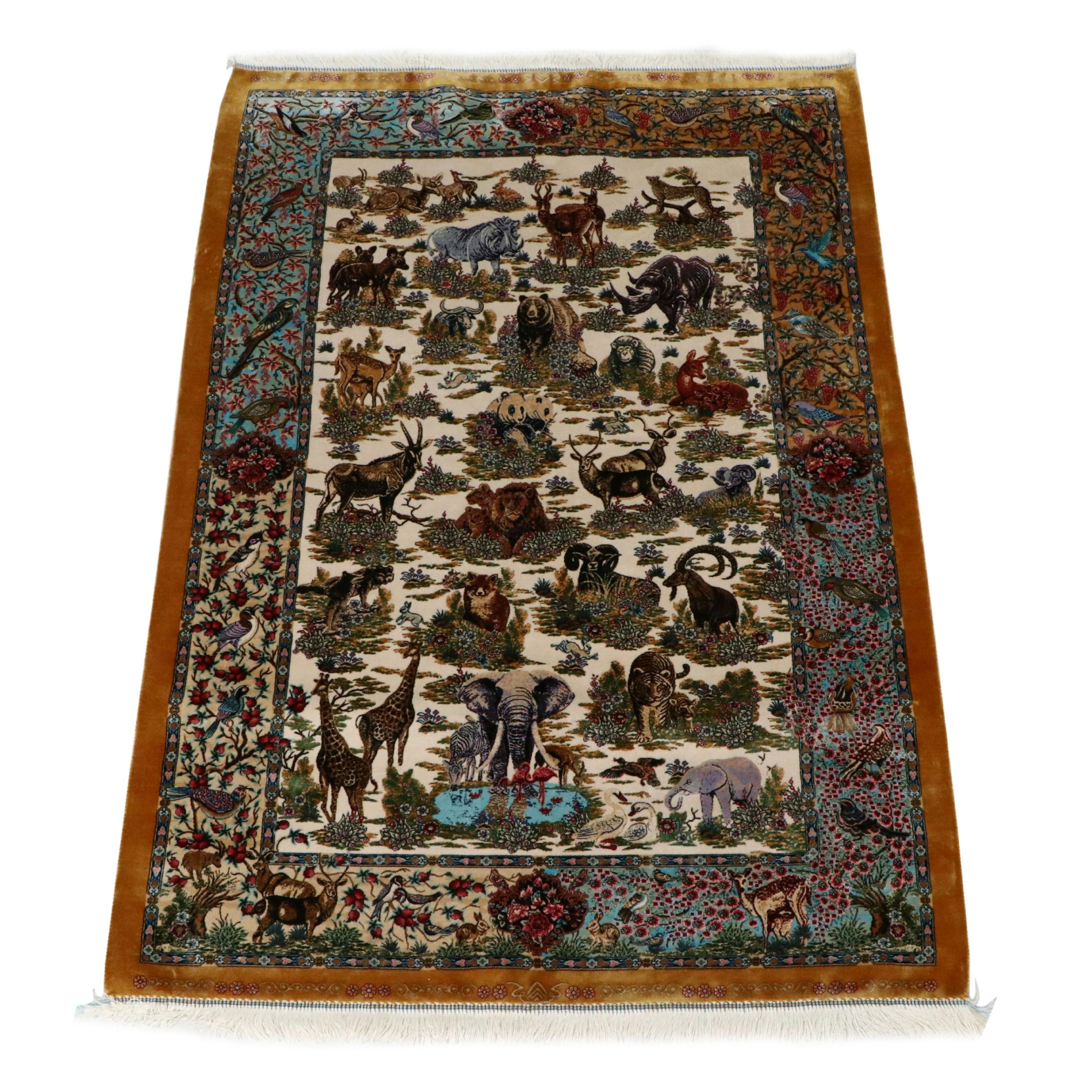 3'3 x 5'1 Machine Made Turkish Qom Style Pictorial Wildlife Accent Rug