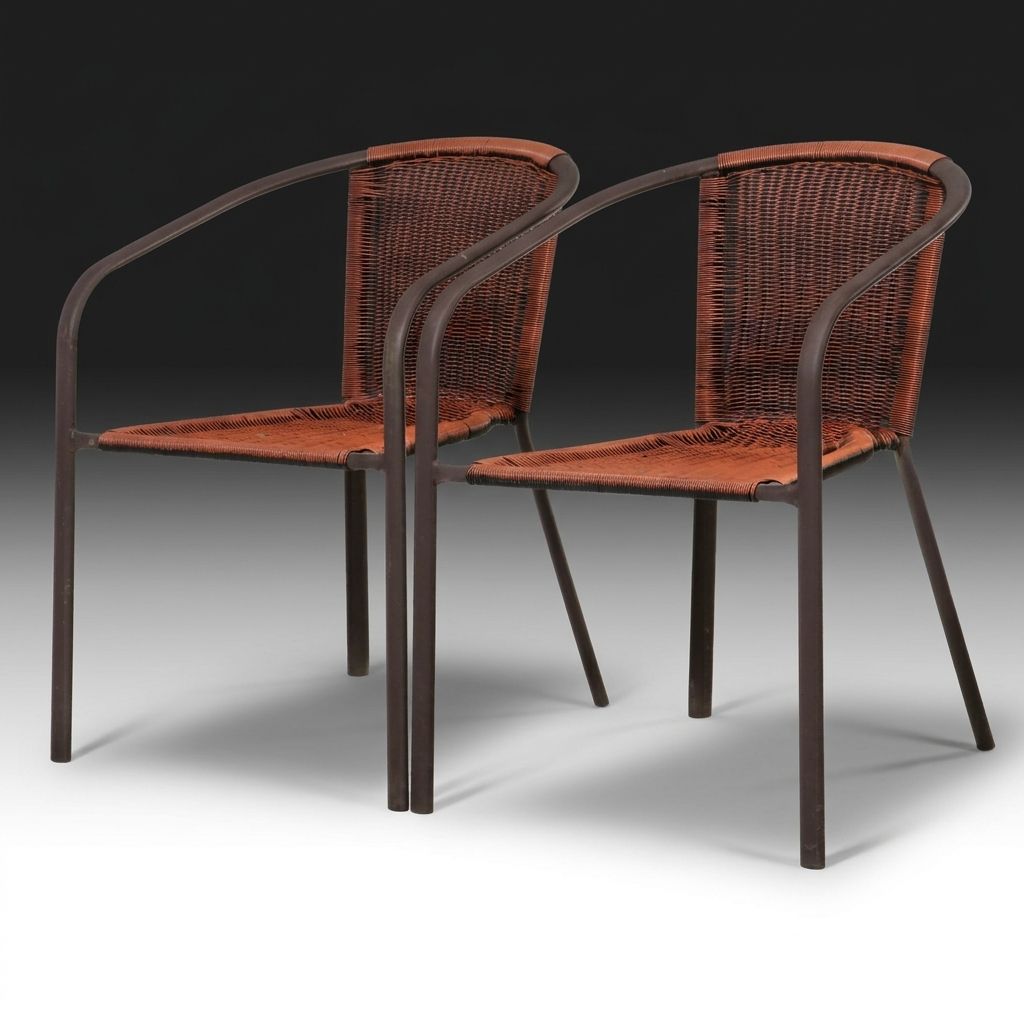 Wrought Iron Patio Chaise with Cushion and Pair of Lawn Chairs, 21st Century