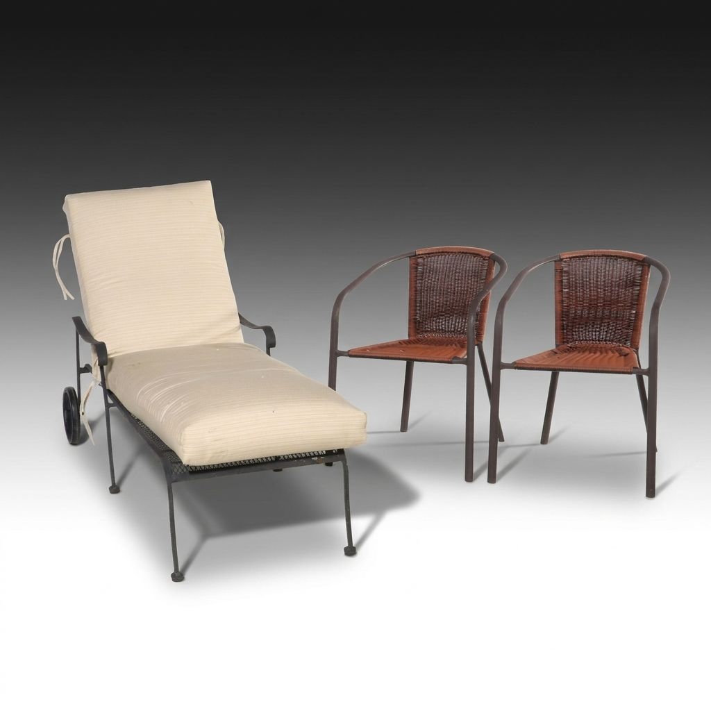 Wrought Iron Patio Chaise with Cushion and Pair of Lawn Chairs, 21st Century