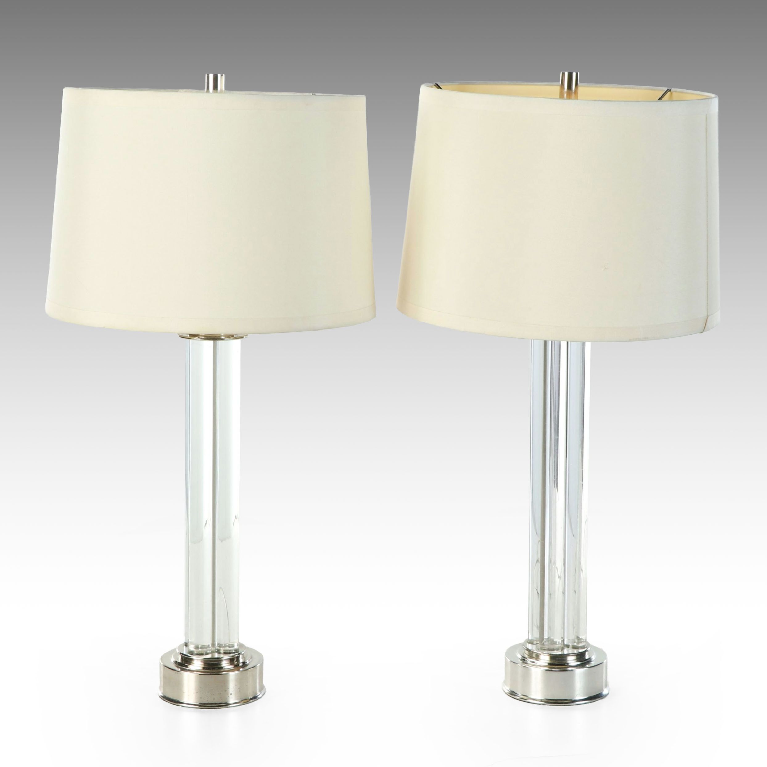 Pair of Restoration Hardware Fluted Column Table Lamps with Drum Shades
