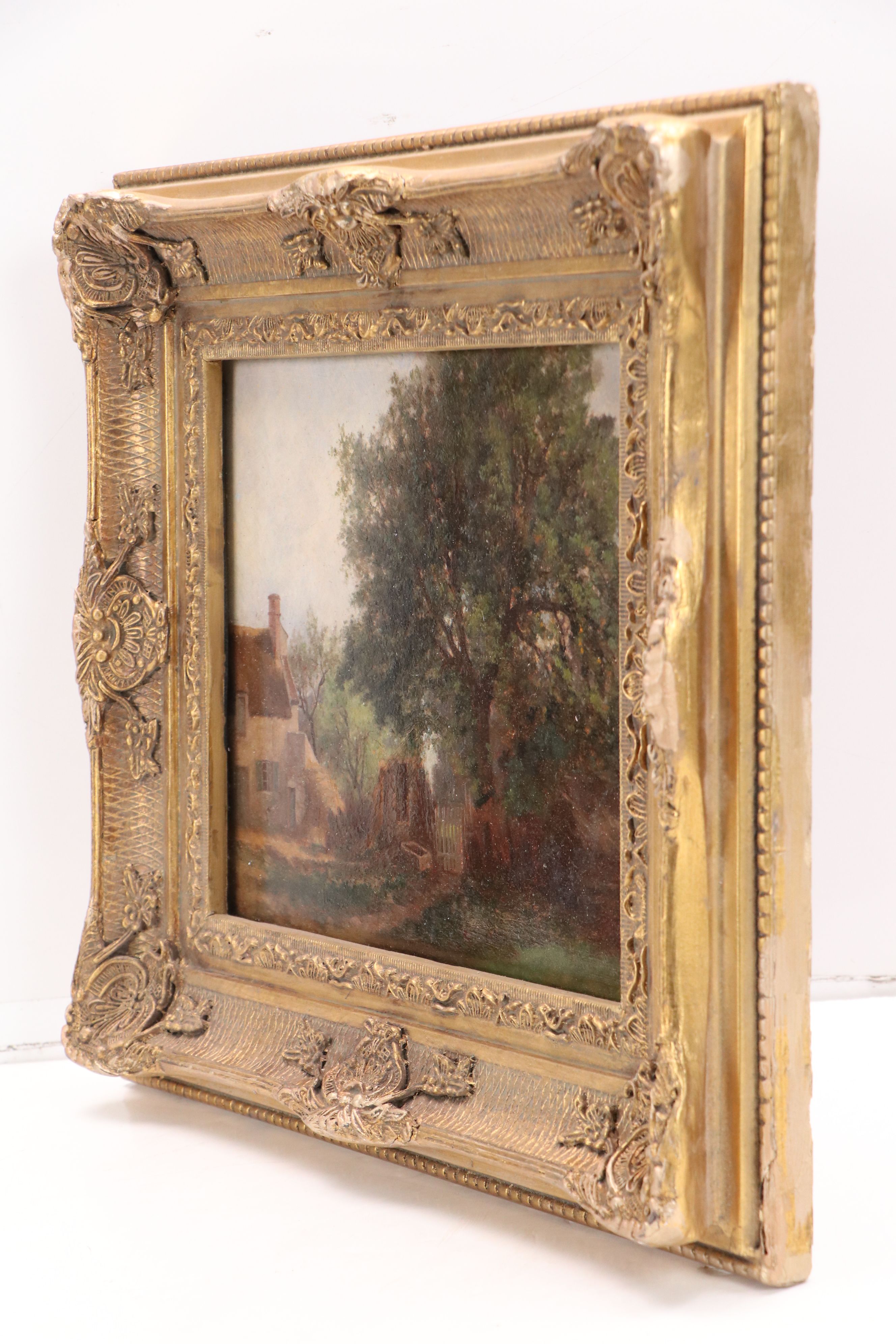 Oil Painting of Rustic Yard with Tree, Mid-20th Century