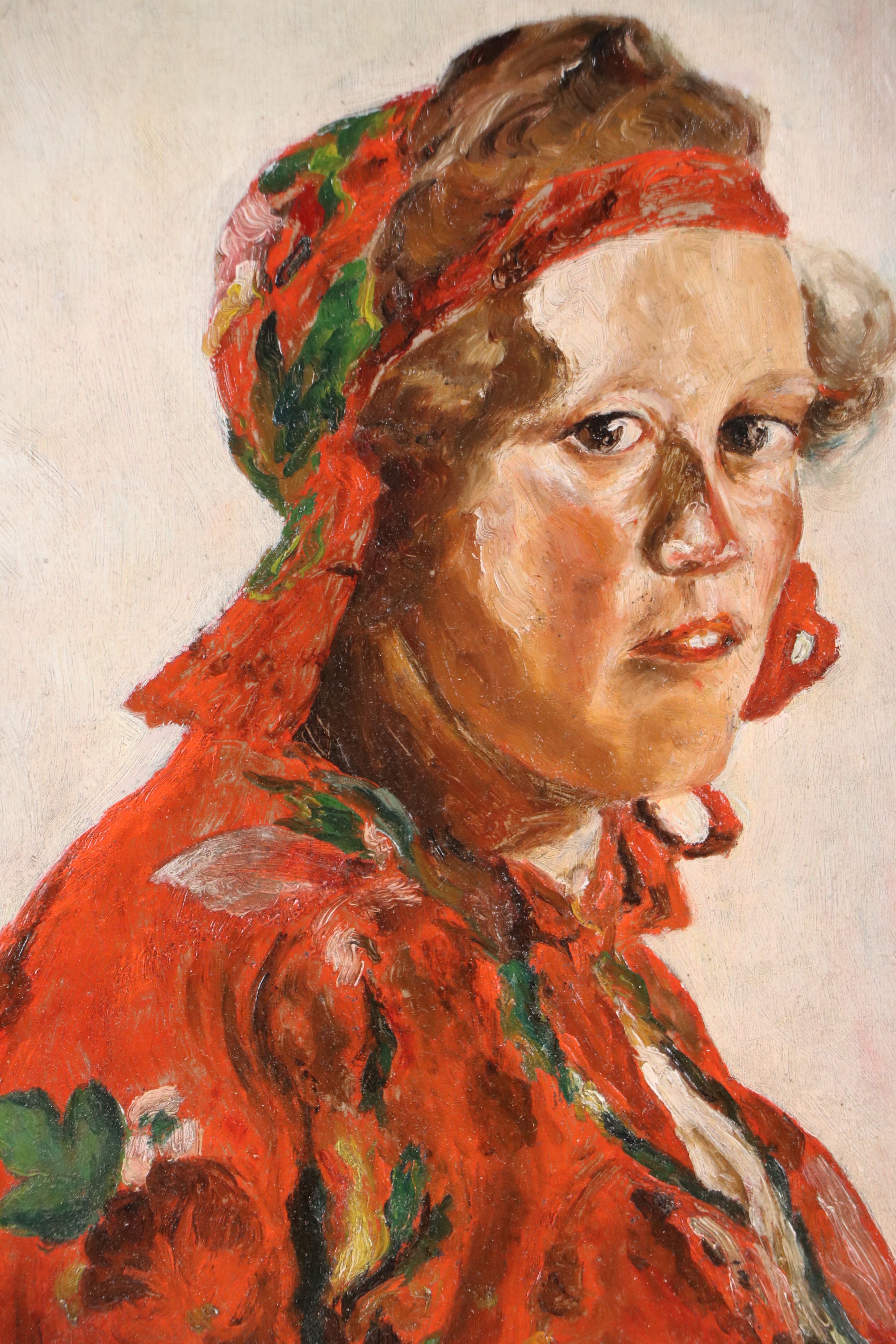Oil Portrait of Woman in Red, 20th Century