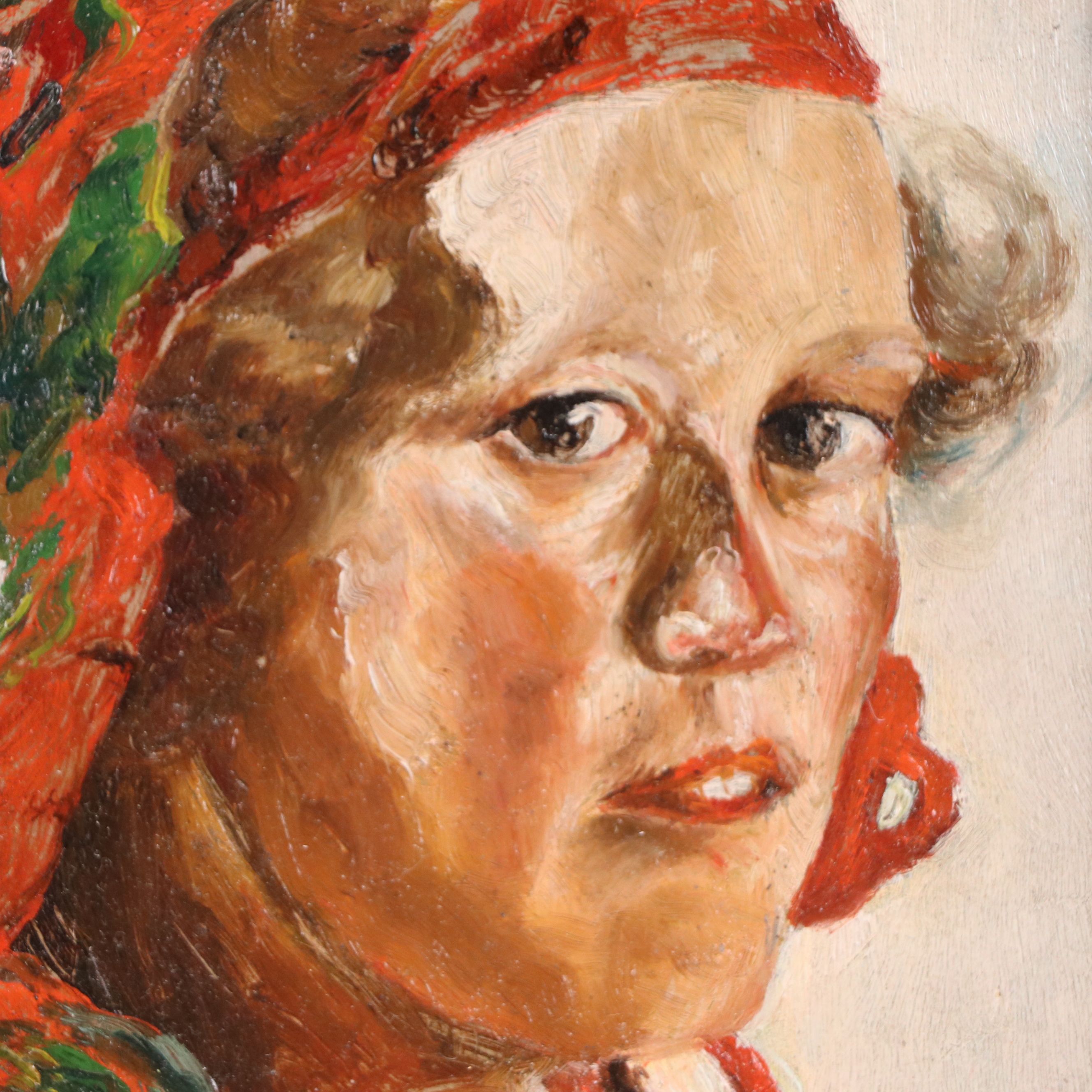 Oil Portrait of Woman in Red, 20th Century