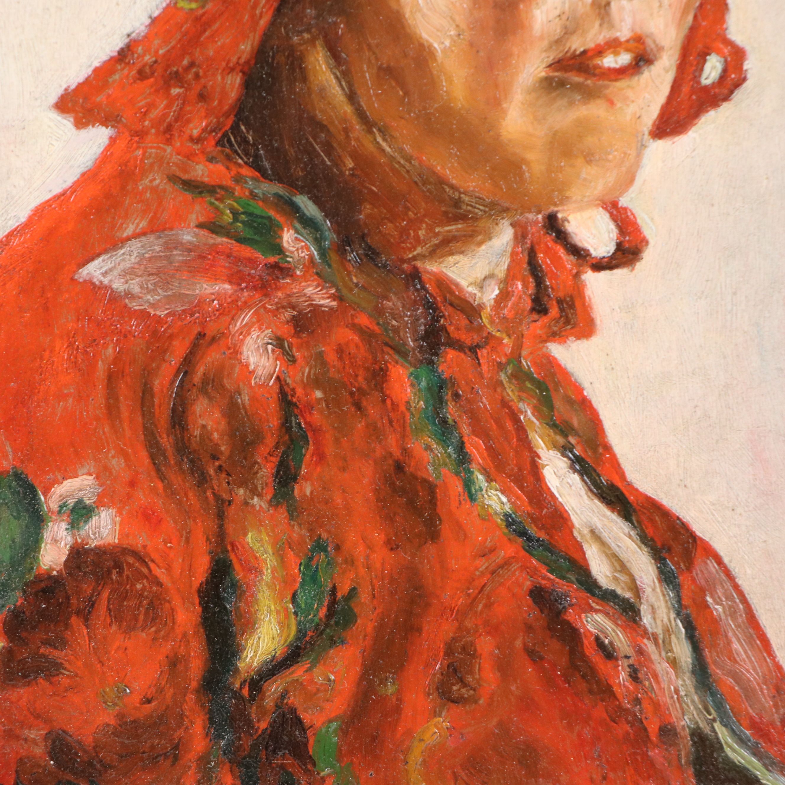 Oil Portrait of Woman in Red, 20th Century