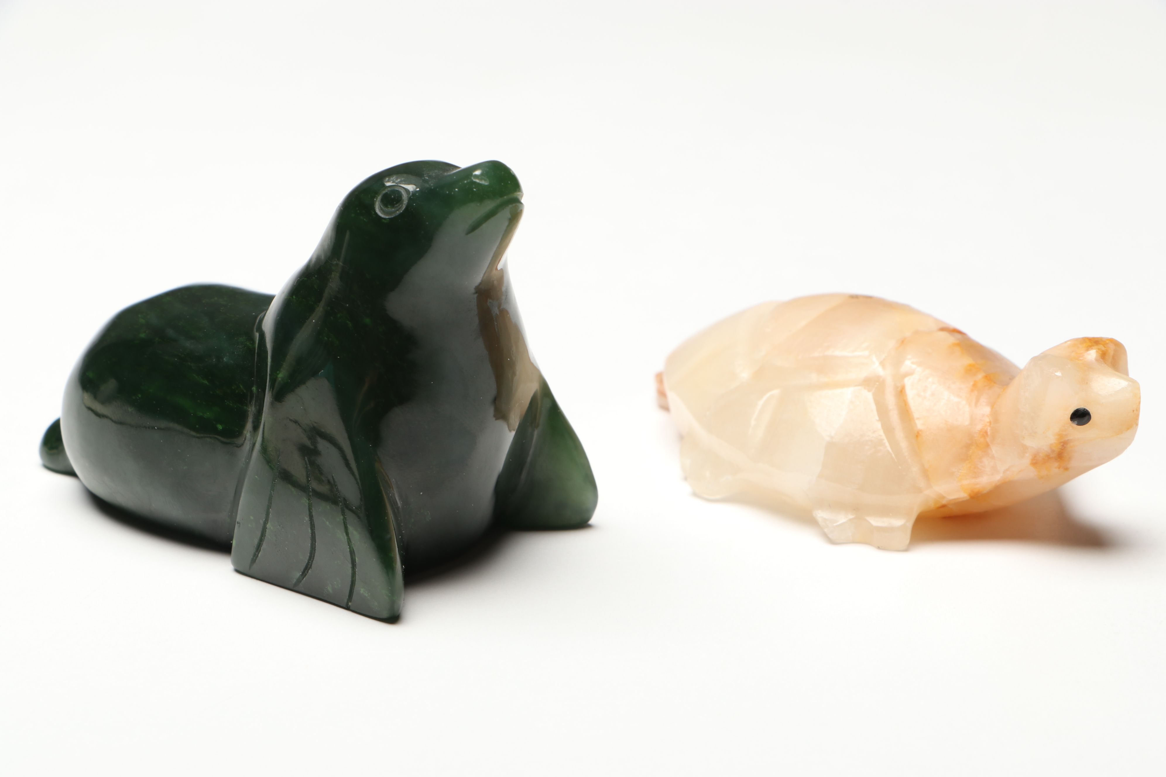 Carved Nephrite Seal with Calcite Tortoise and Serpentine Birds