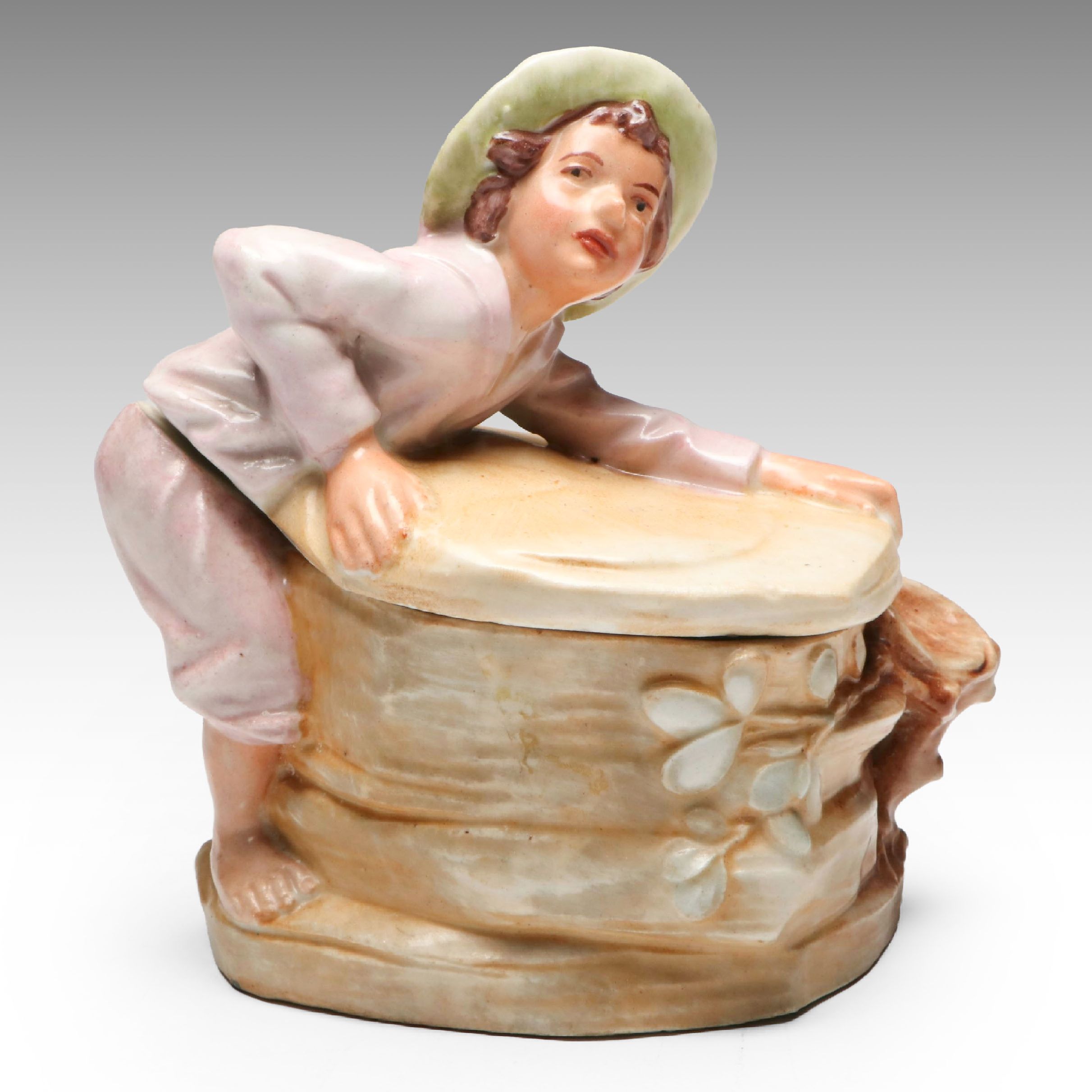 Austrian Hand-Painted Figural Ceramic Tobacco Jar, Antique