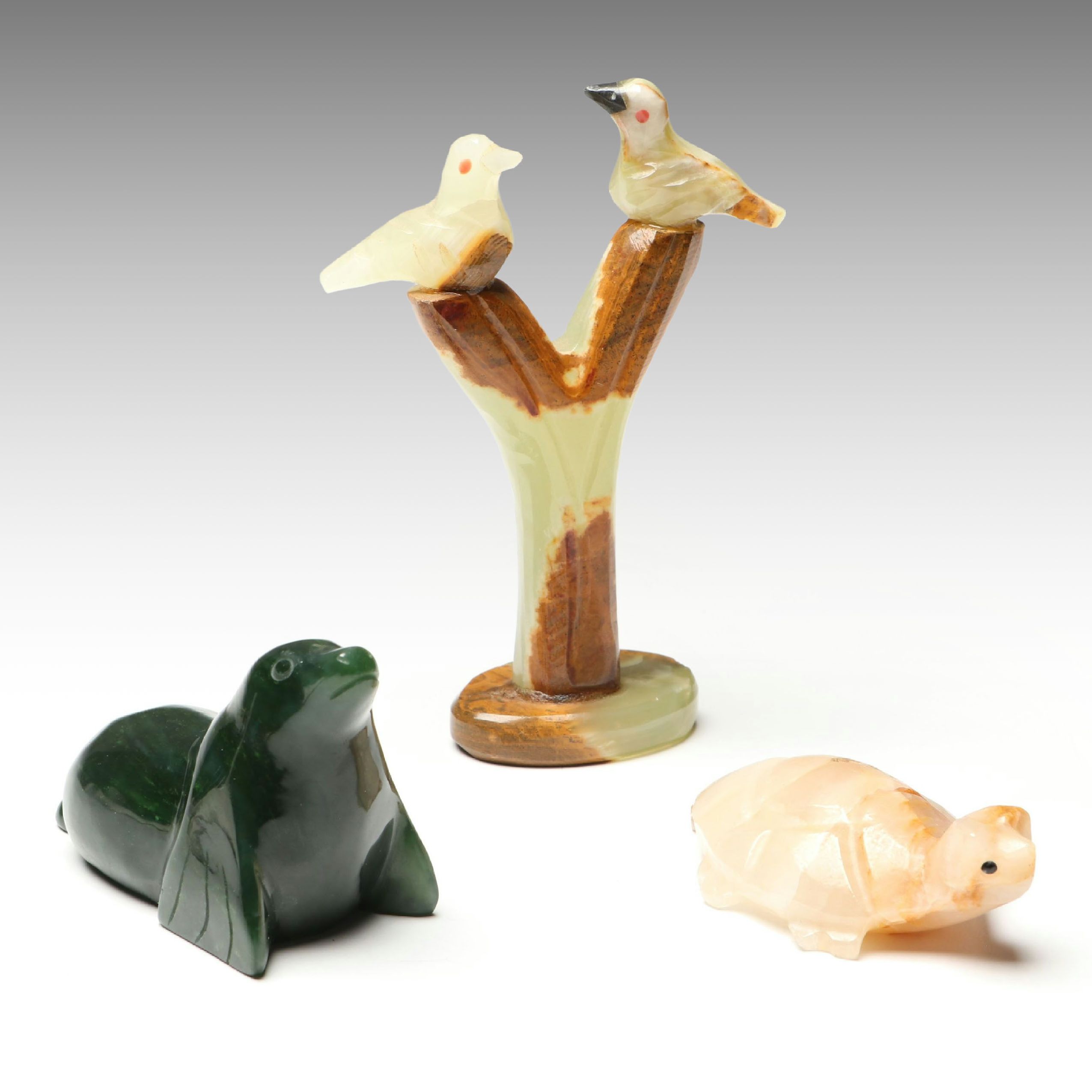 Carved Nephrite Seal with Calcite Tortoise and Serpentine Birds