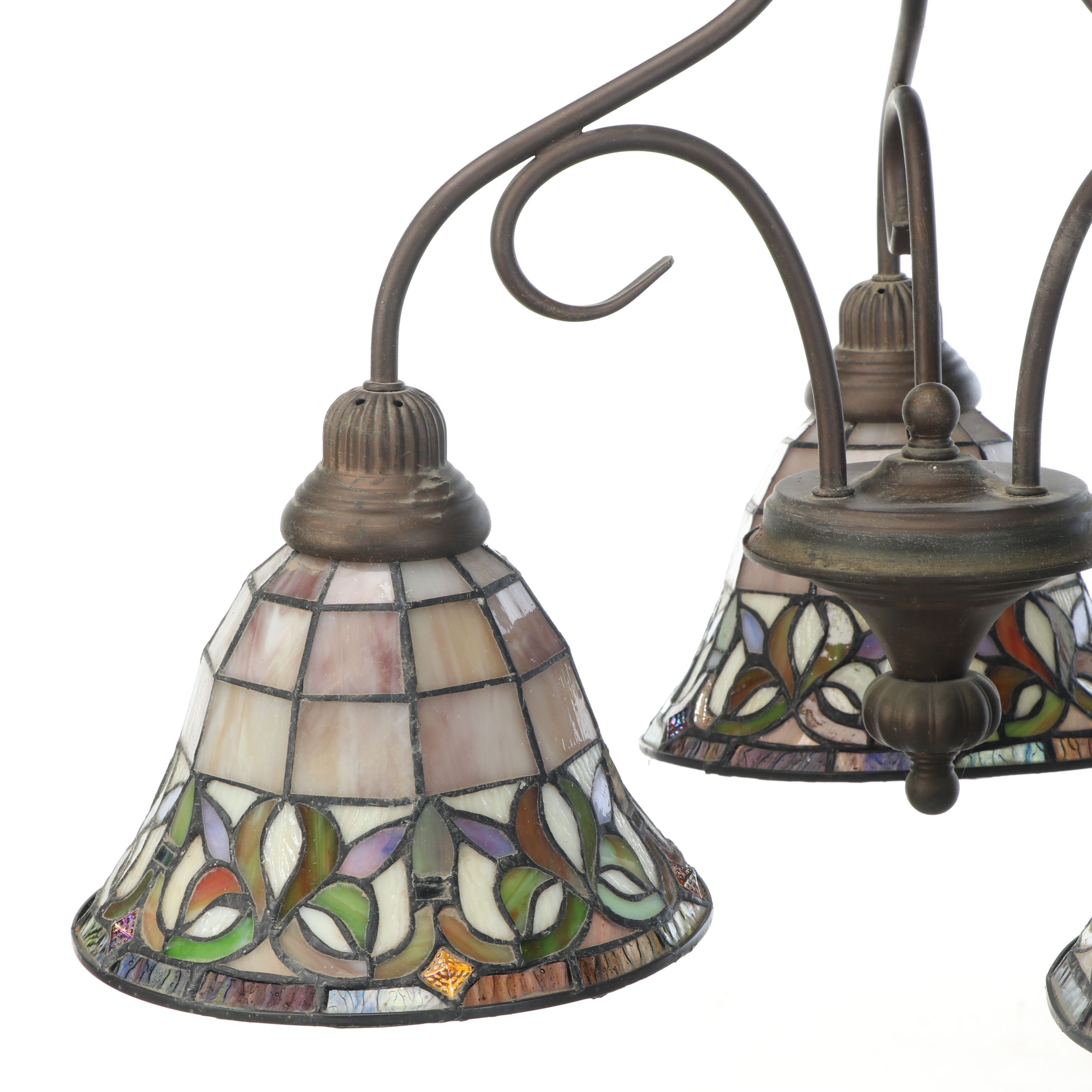 Art Nouveau Style Three Arm Slag Glass Pendant Light
